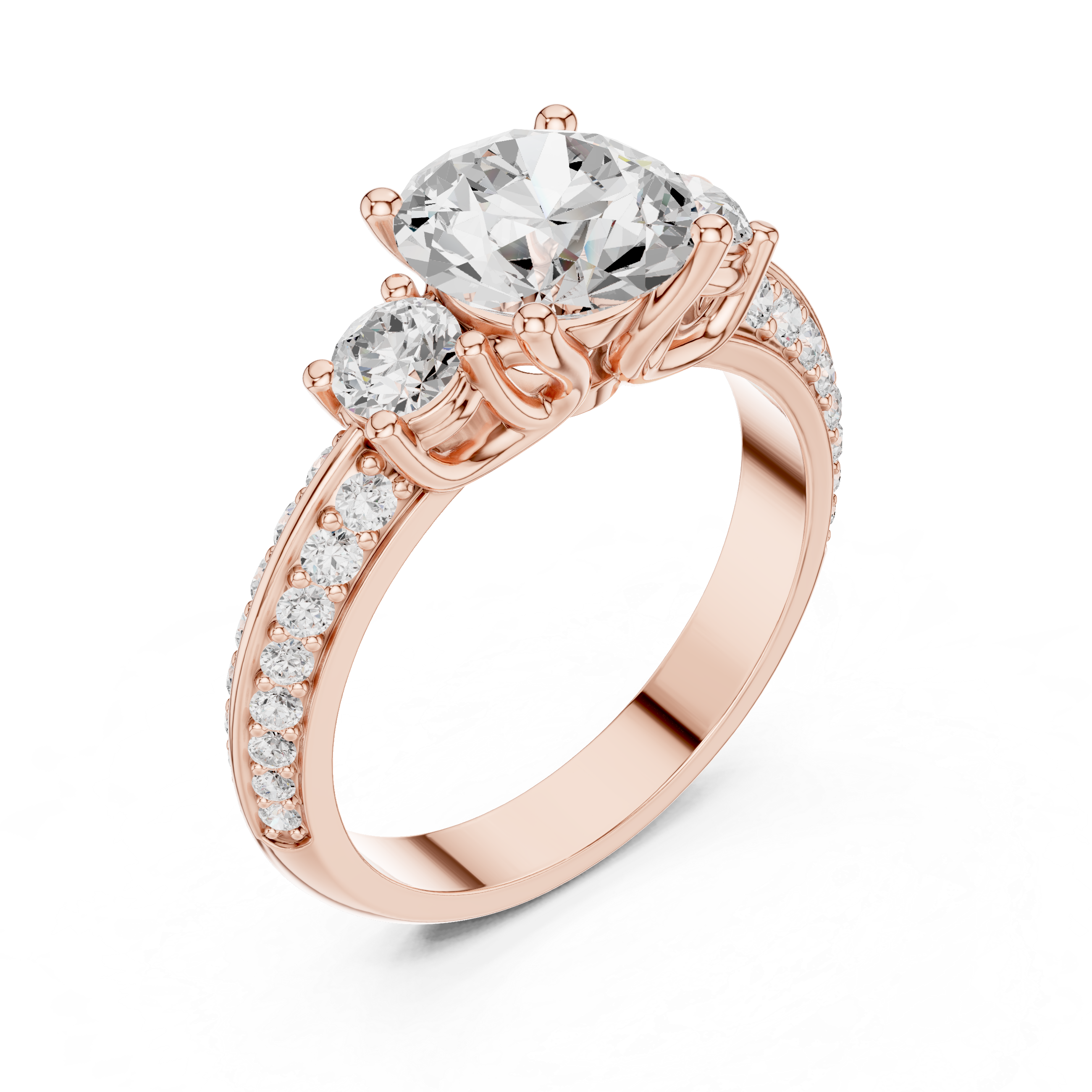 Round-Cut Three-Stone Engagement Ring with Split Pavé Band