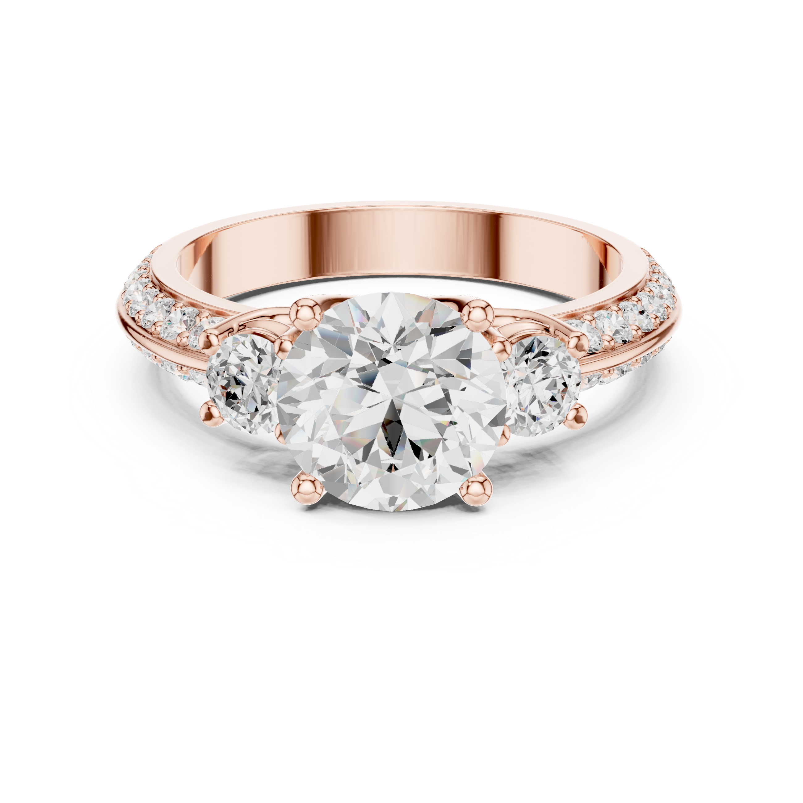 Round-Cut Three-Stone Engagement Ring with Split Pavé Band