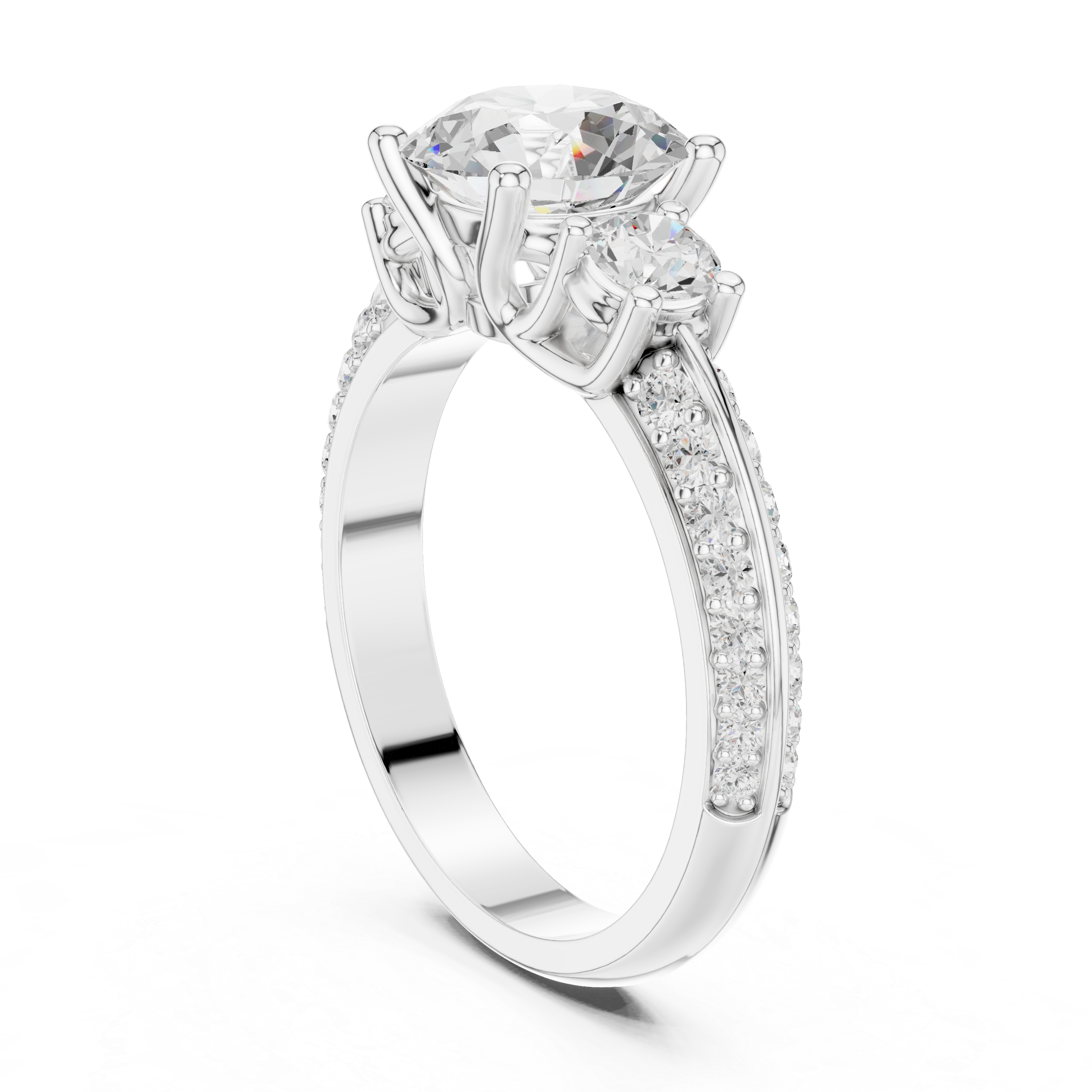 Round-Cut Three-Stone Engagement Ring with Split Pavé Band