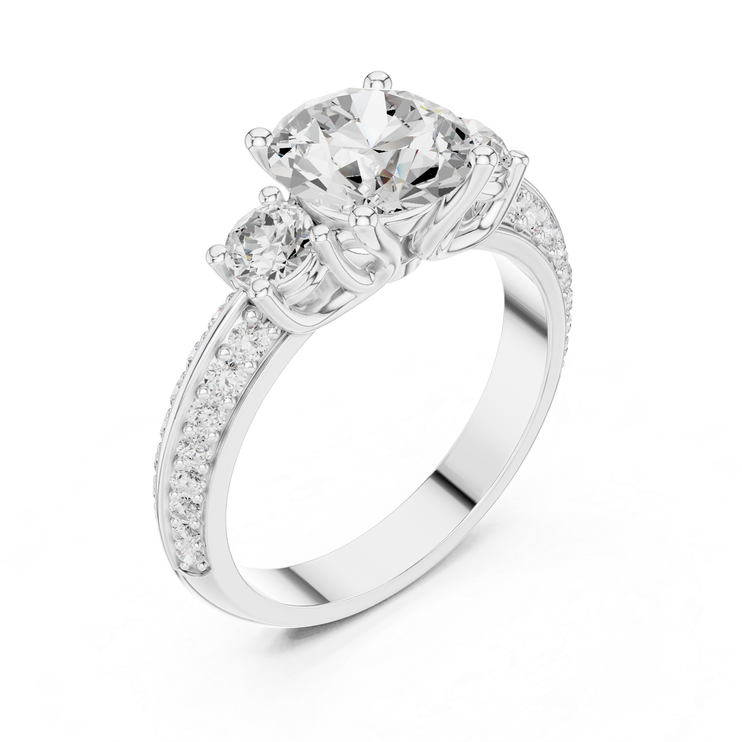 Round-Cut Three-Stone Engagement Ring with Split Pavé Band