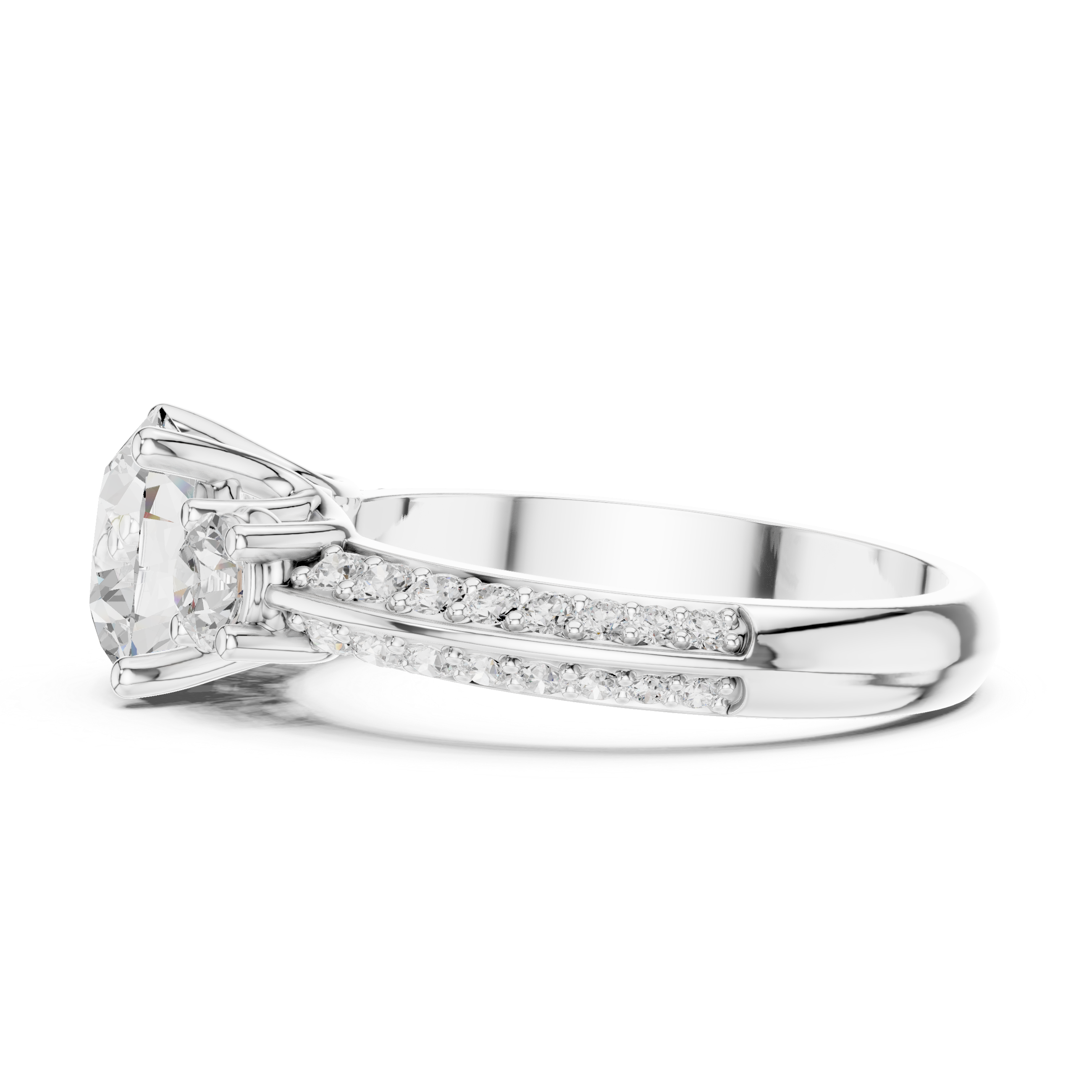 Round-Cut Three-Stone Engagement Ring with Split Pavé Band