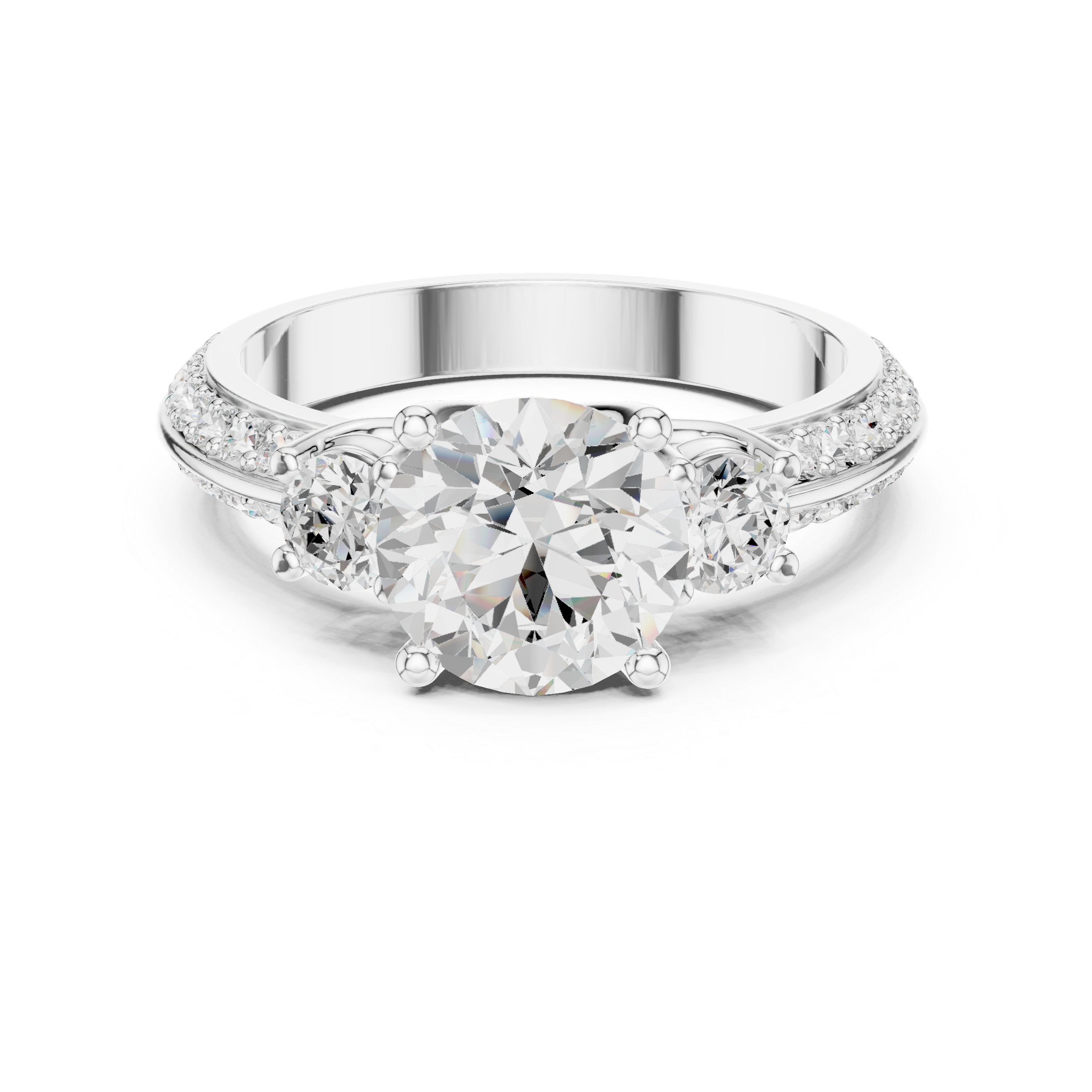 Round-Cut Three-Stone Engagement Ring with Split Pavé Band