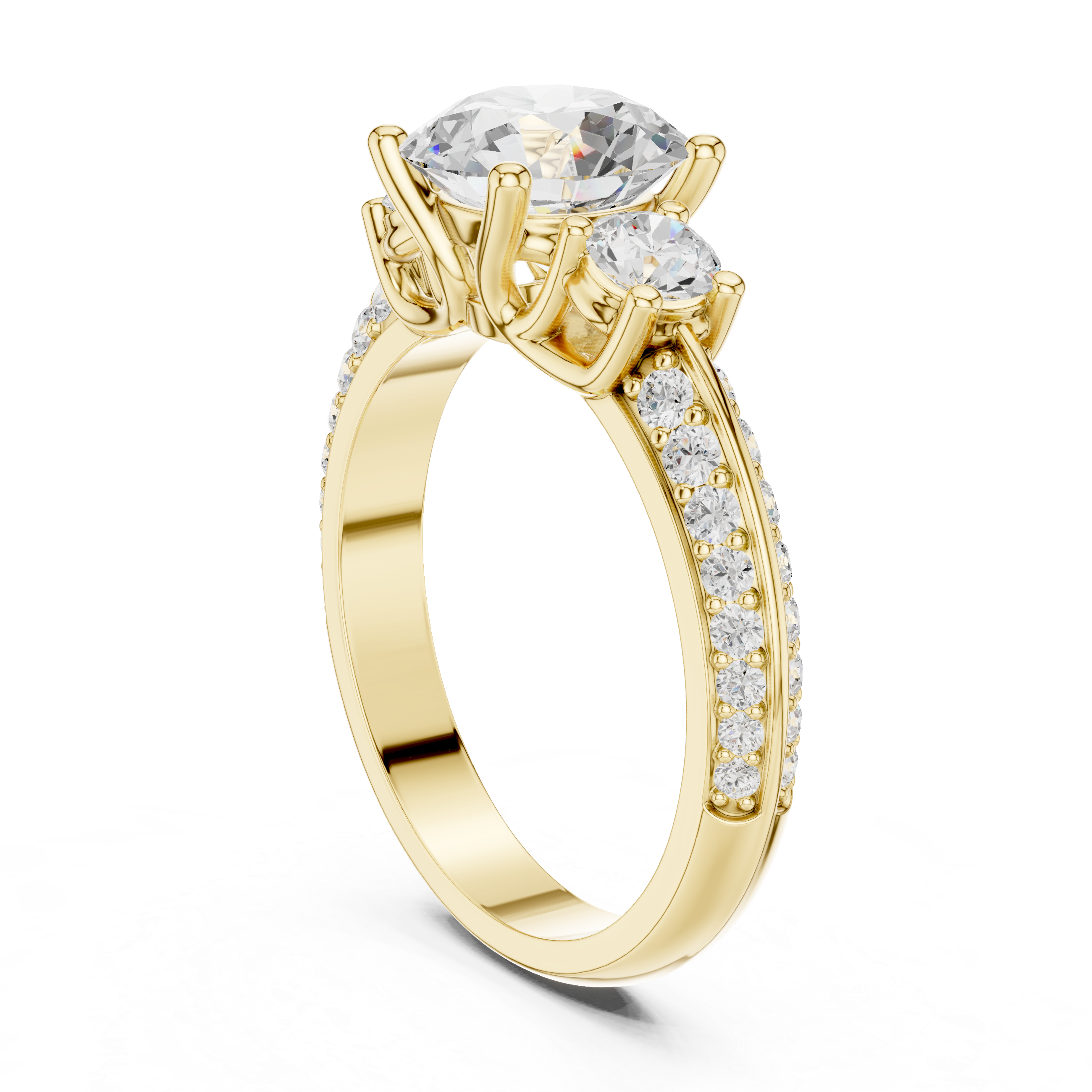 Round-Cut Three-Stone Engagement Ring with Split Pavé Band