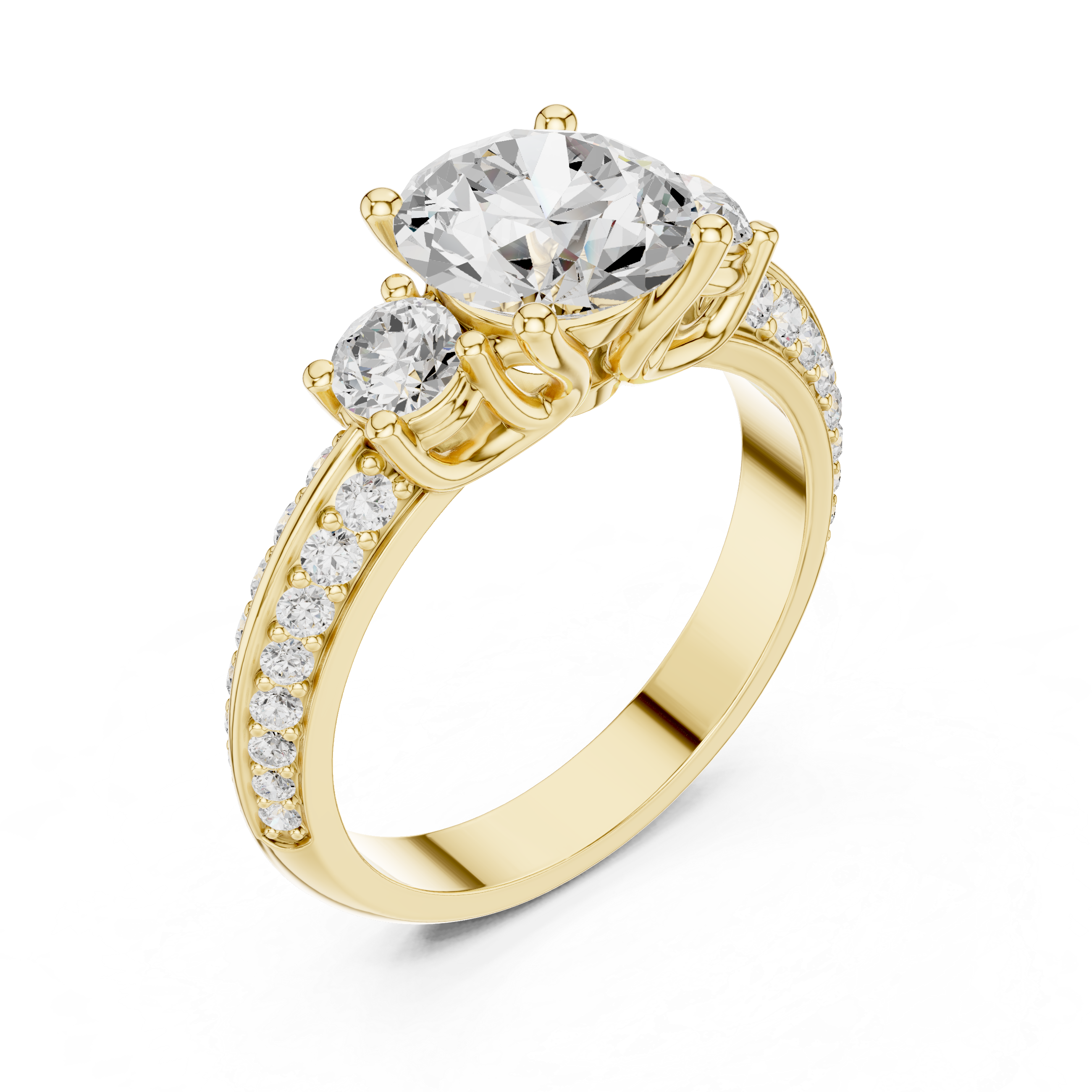 Round-Cut Three-Stone Engagement Ring with Split Pavé Band