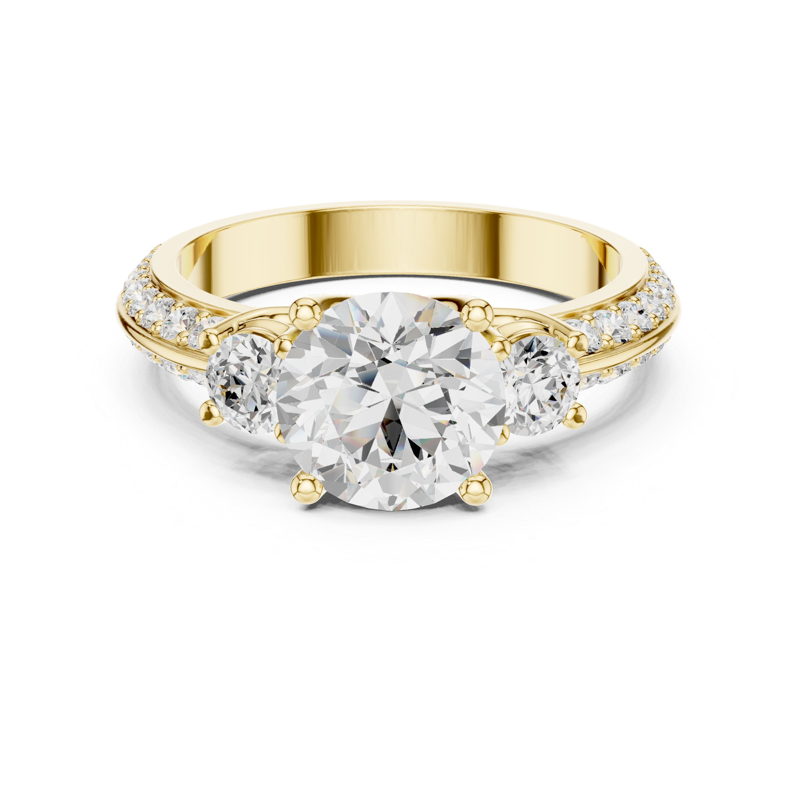 Round-Cut Three-Stone Engagement Ring with Split Pavé Band