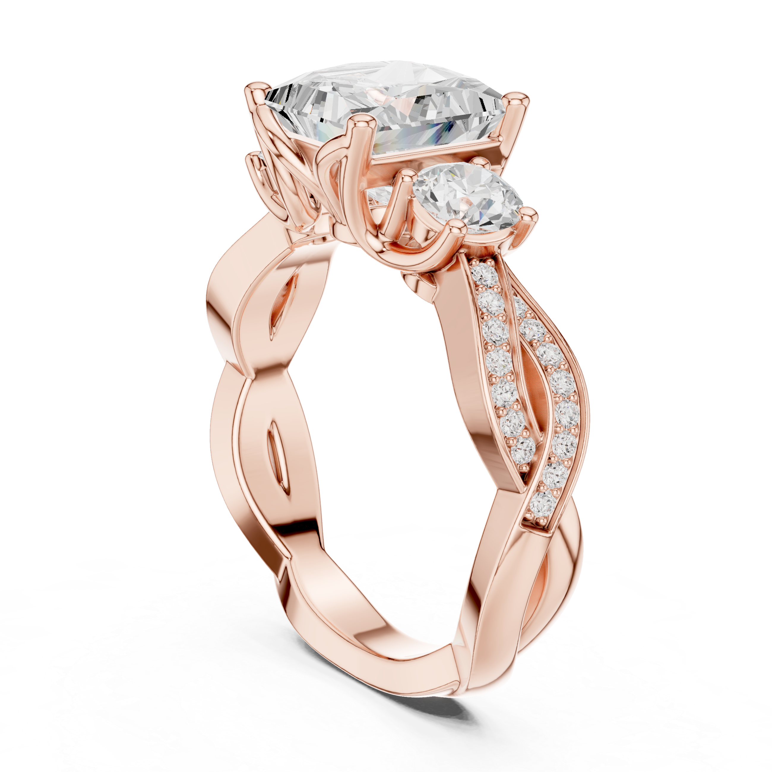 Princess-Cut Three-Stone Engagement Ring with Round Side Stones and Twisted Pavé Band