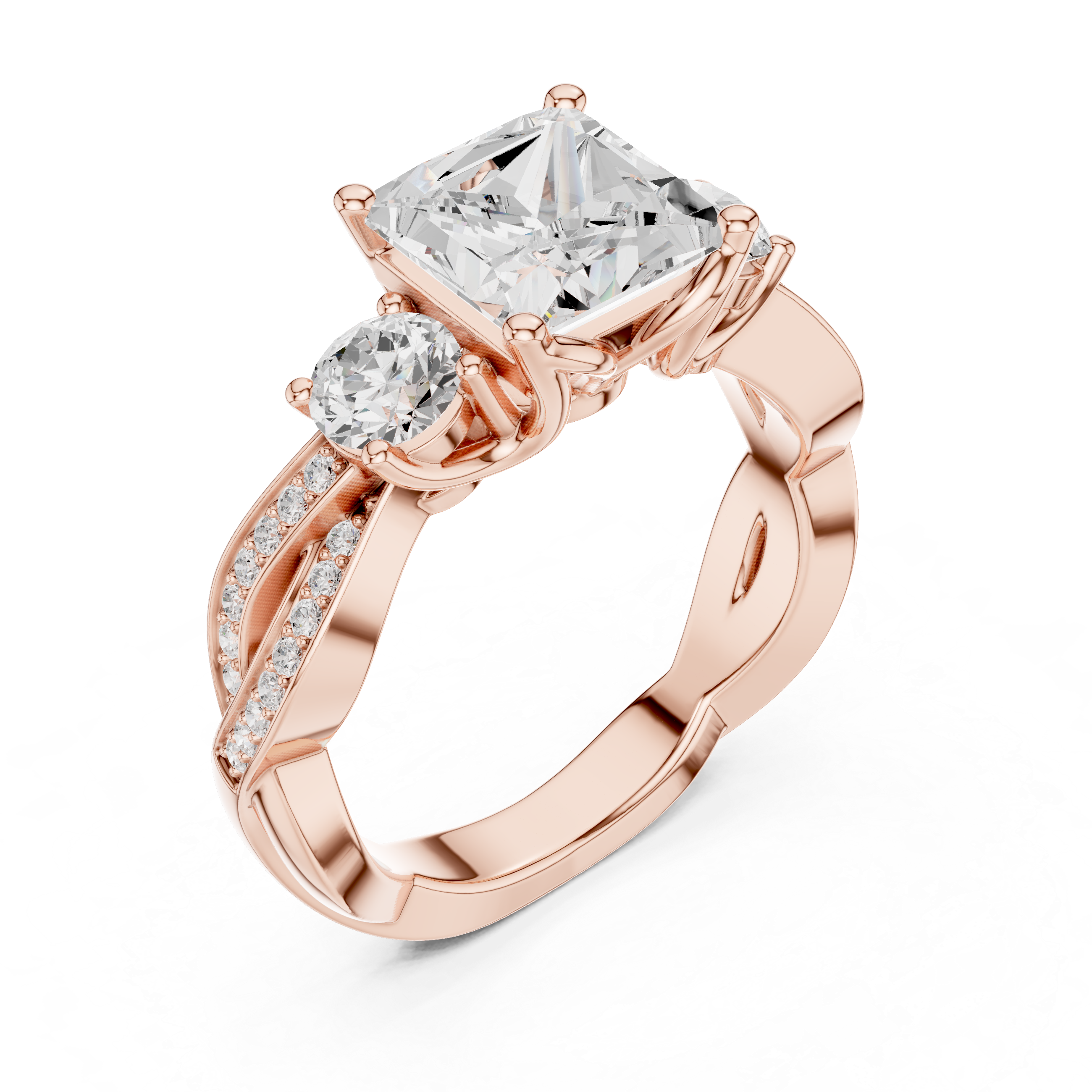Princess-Cut Three-Stone Engagement Ring with Round Side Stones and Twisted Pavé Band