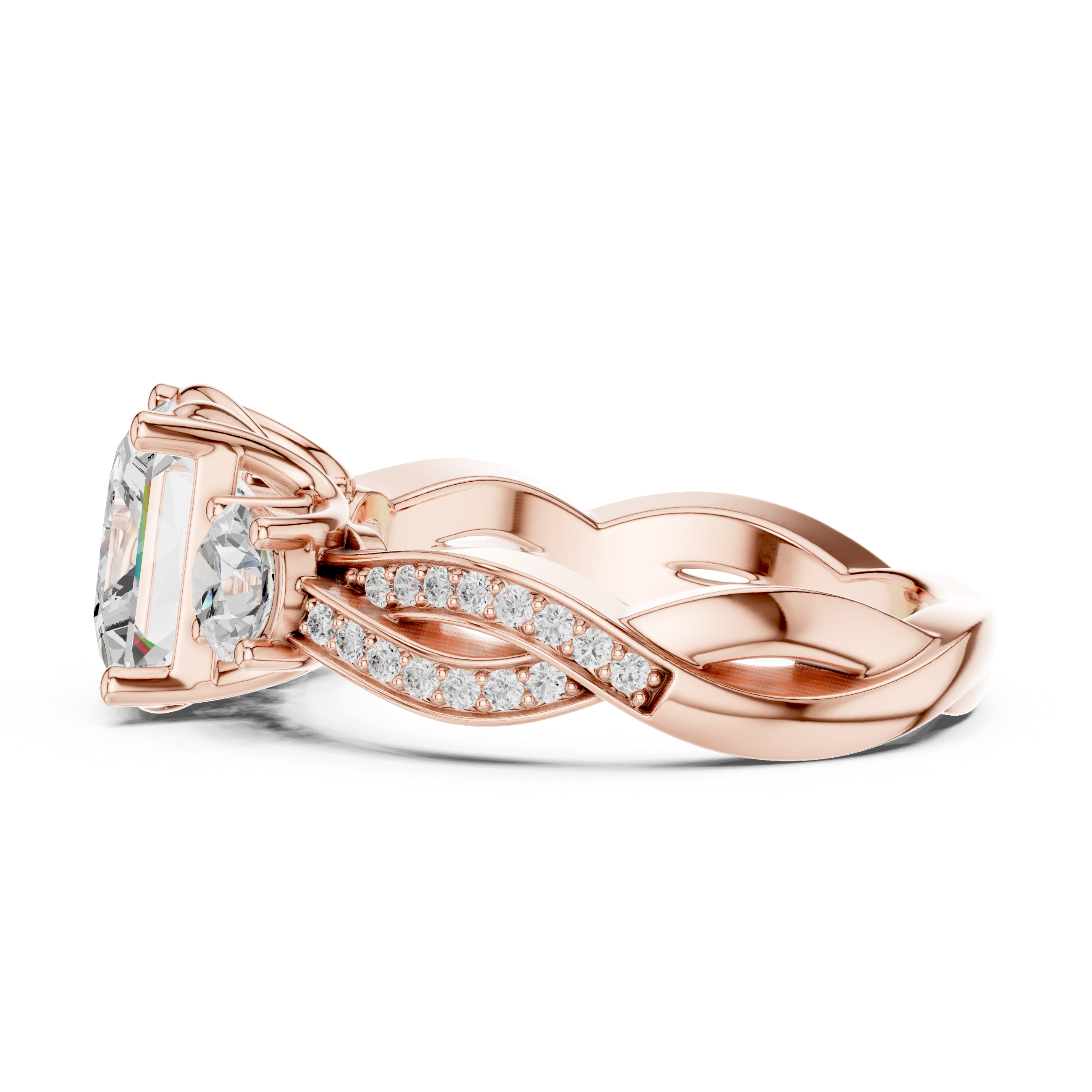 Princess-Cut Three-Stone Engagement Ring with Round Side Stones and Twisted Pavé Band