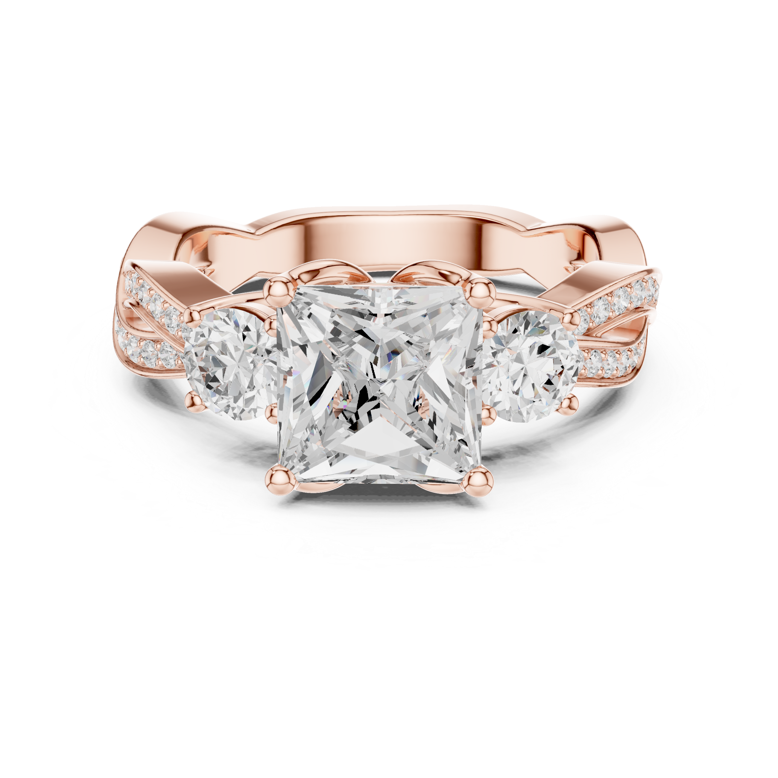 Princess-Cut Three-Stone Engagement Ring with Round Side Stones and Twisted Pavé Band