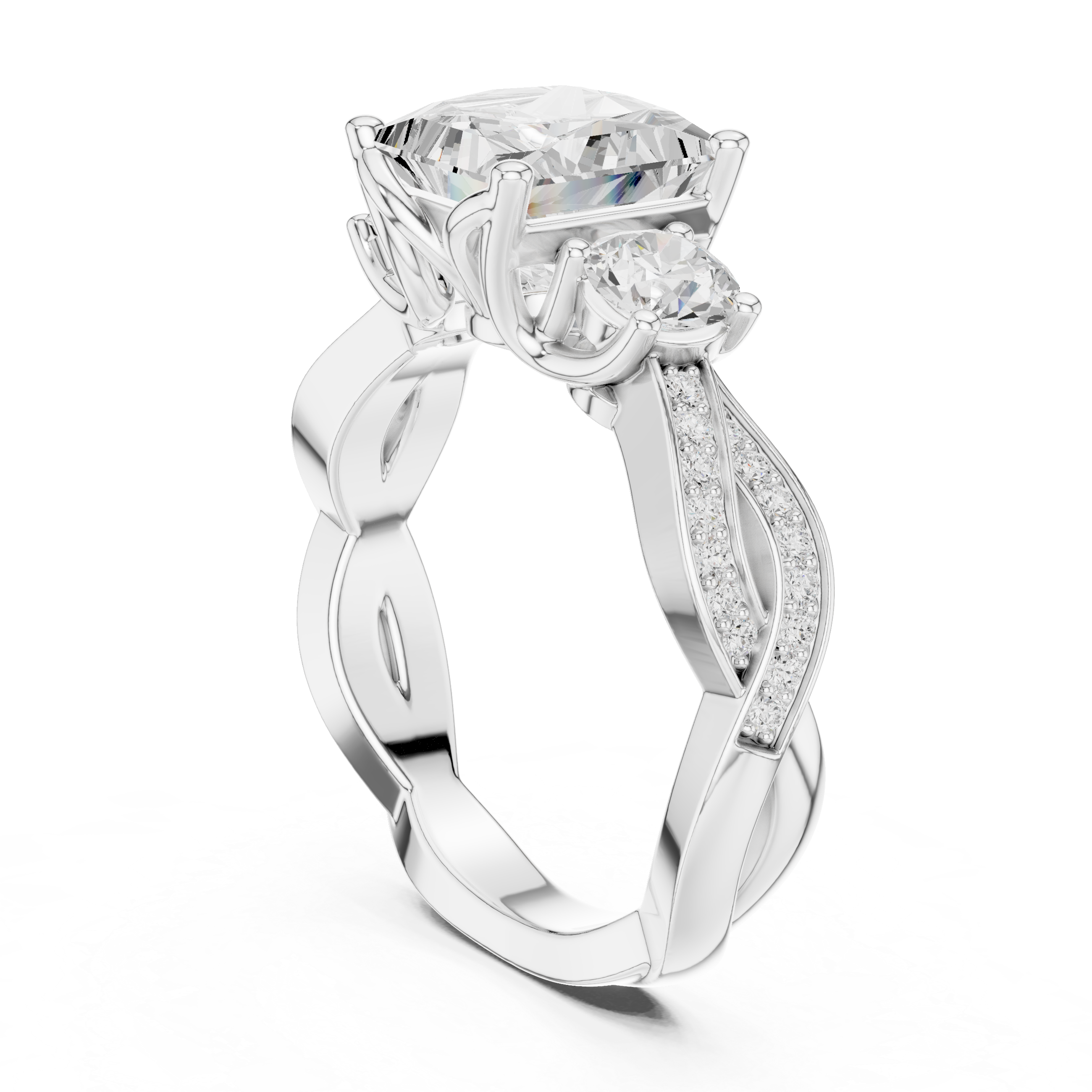 Princess-Cut Three-Stone Engagement Ring with Round Side Stones and Twisted Pavé Band