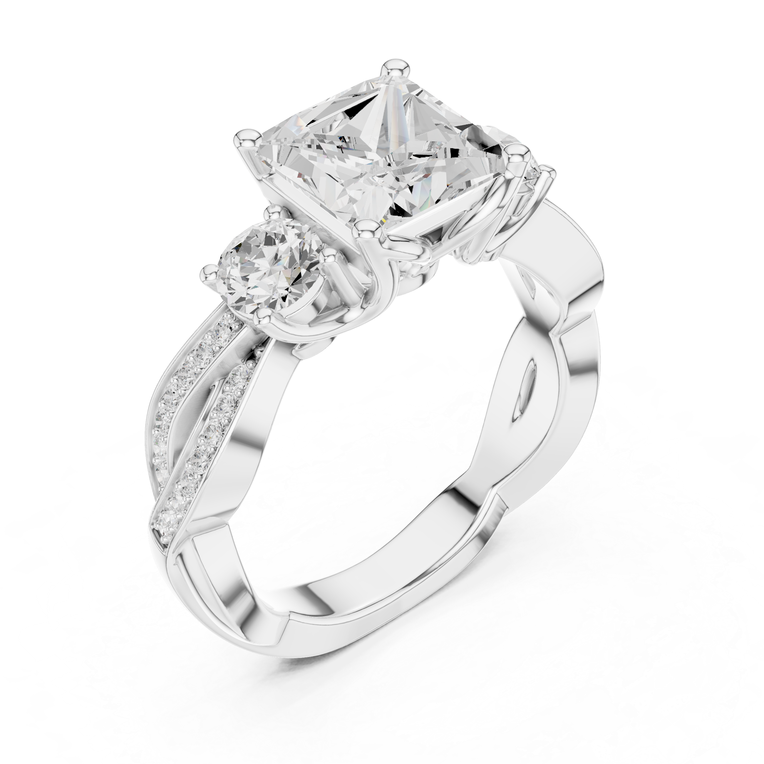 Princess-Cut Three-Stone Engagement Ring with Round Side Stones and Twisted Pavé Band