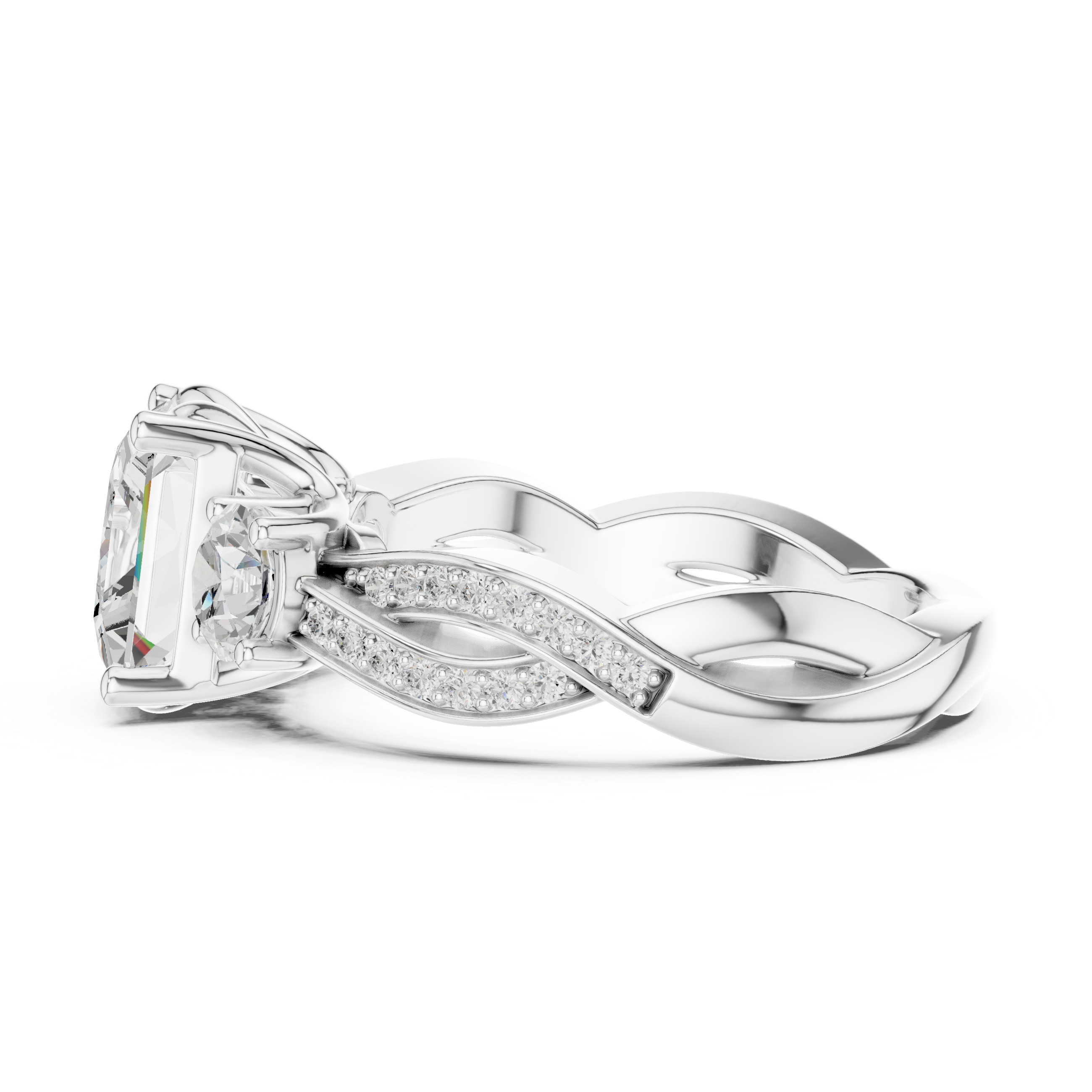 Princess-Cut Three-Stone Engagement Ring with Round Side Stones and Twisted Pavé Band