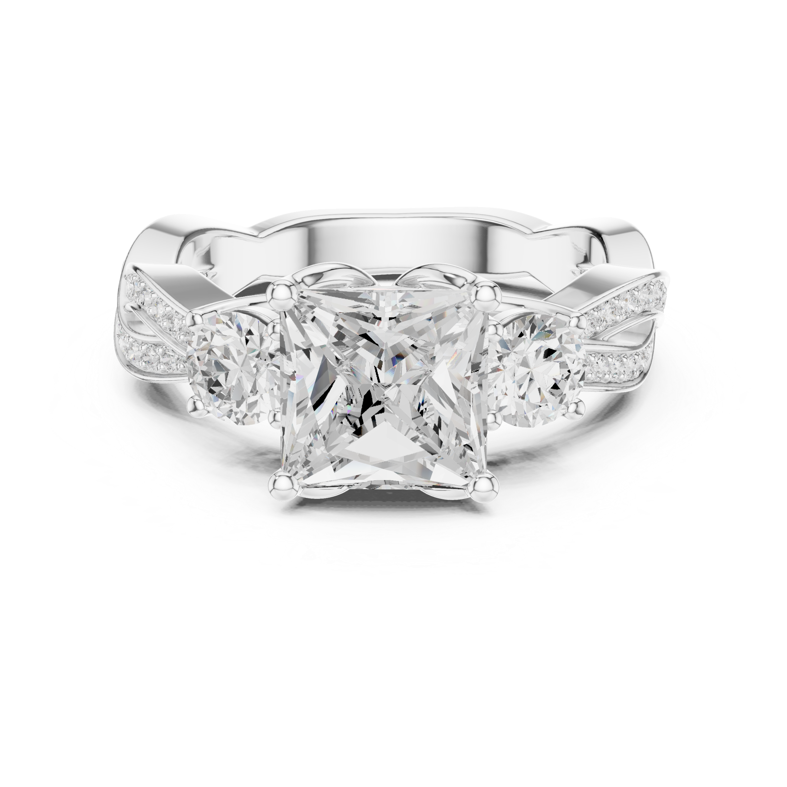 Princess-Cut Three-Stone Engagement Ring with Round Side Stones and Twisted Pavé Band