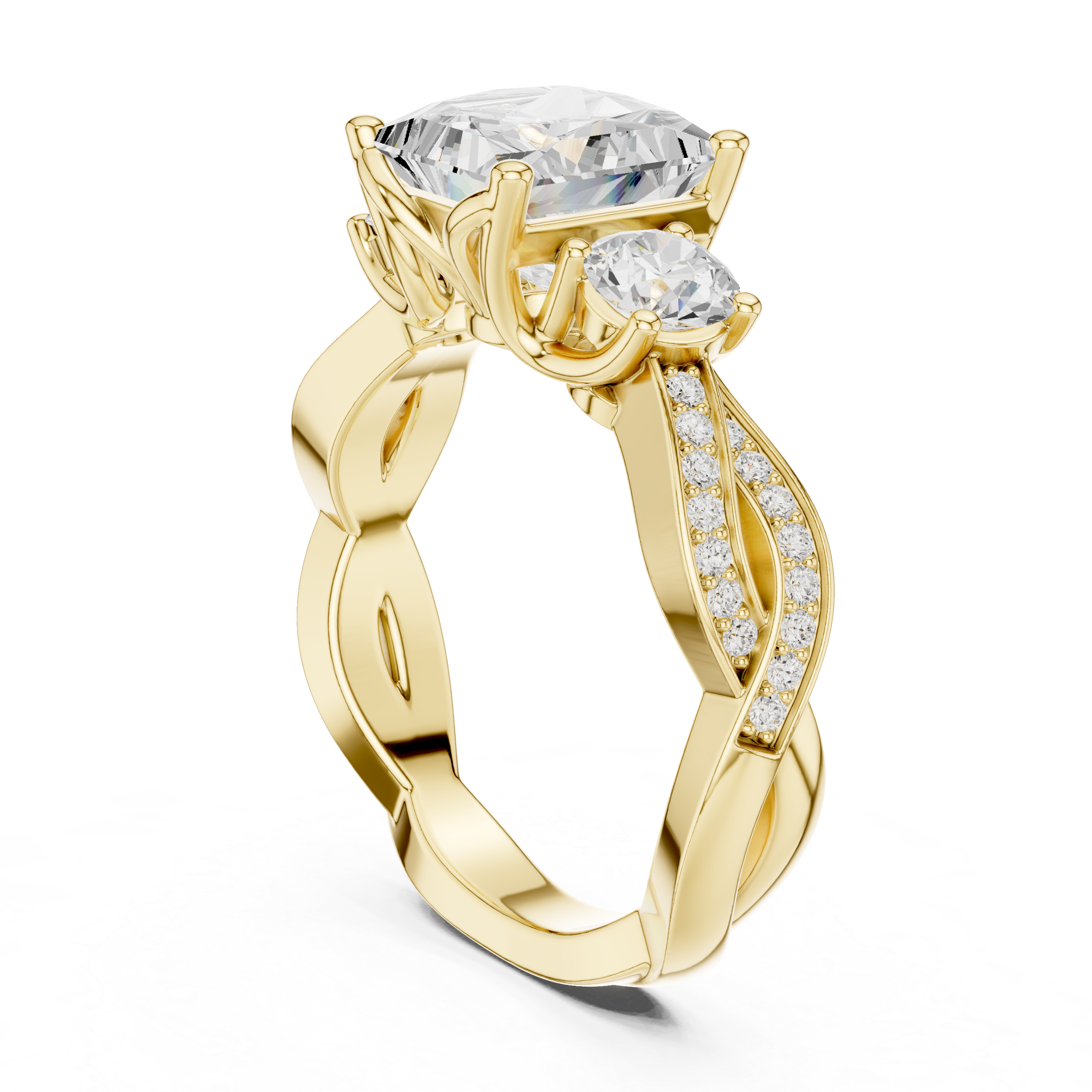 Princess-Cut Three-Stone Engagement Ring with Round Side Stones and Twisted Pavé Band
