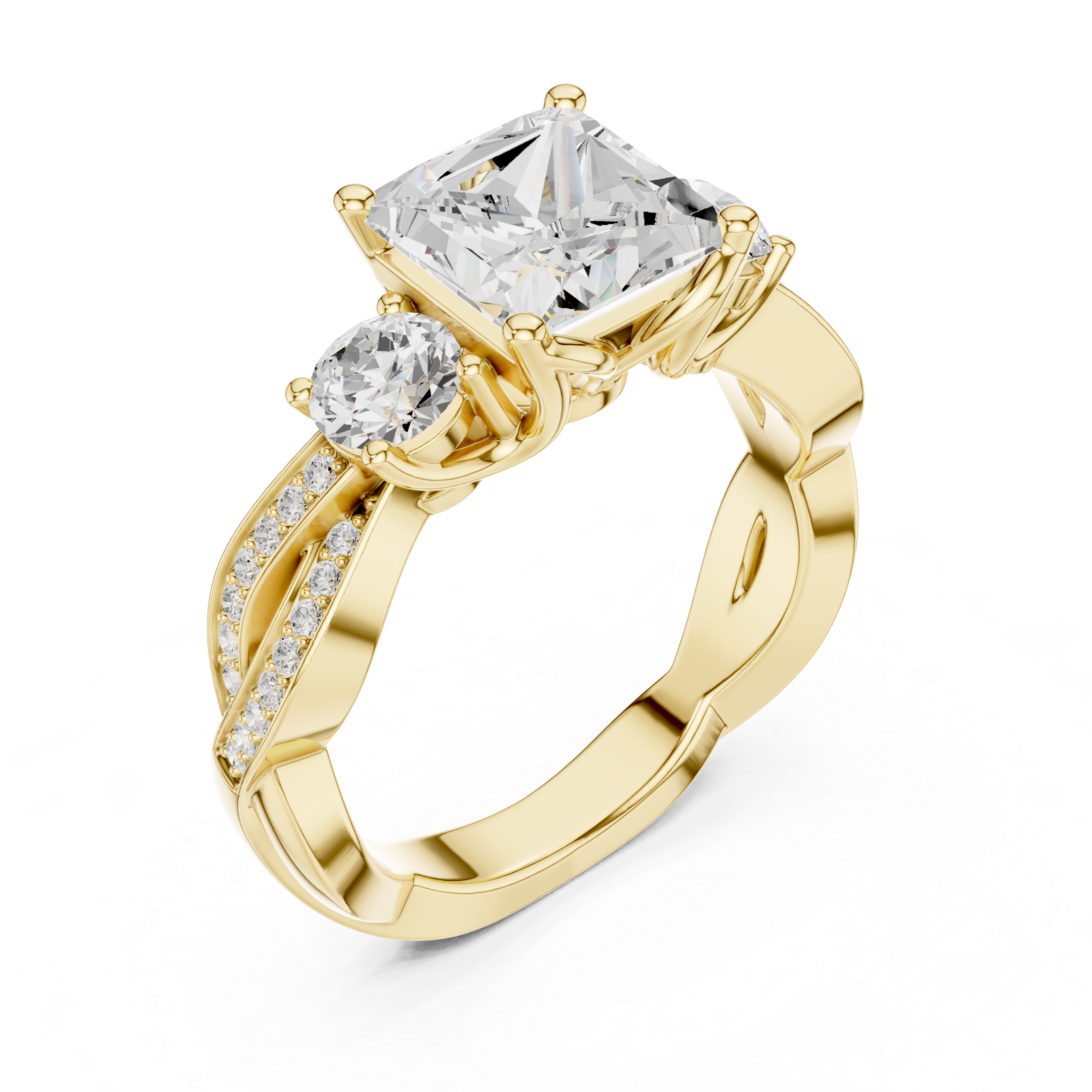 Princess-Cut Three-Stone Engagement Ring with Round Side Stones and Twisted Pavé Band