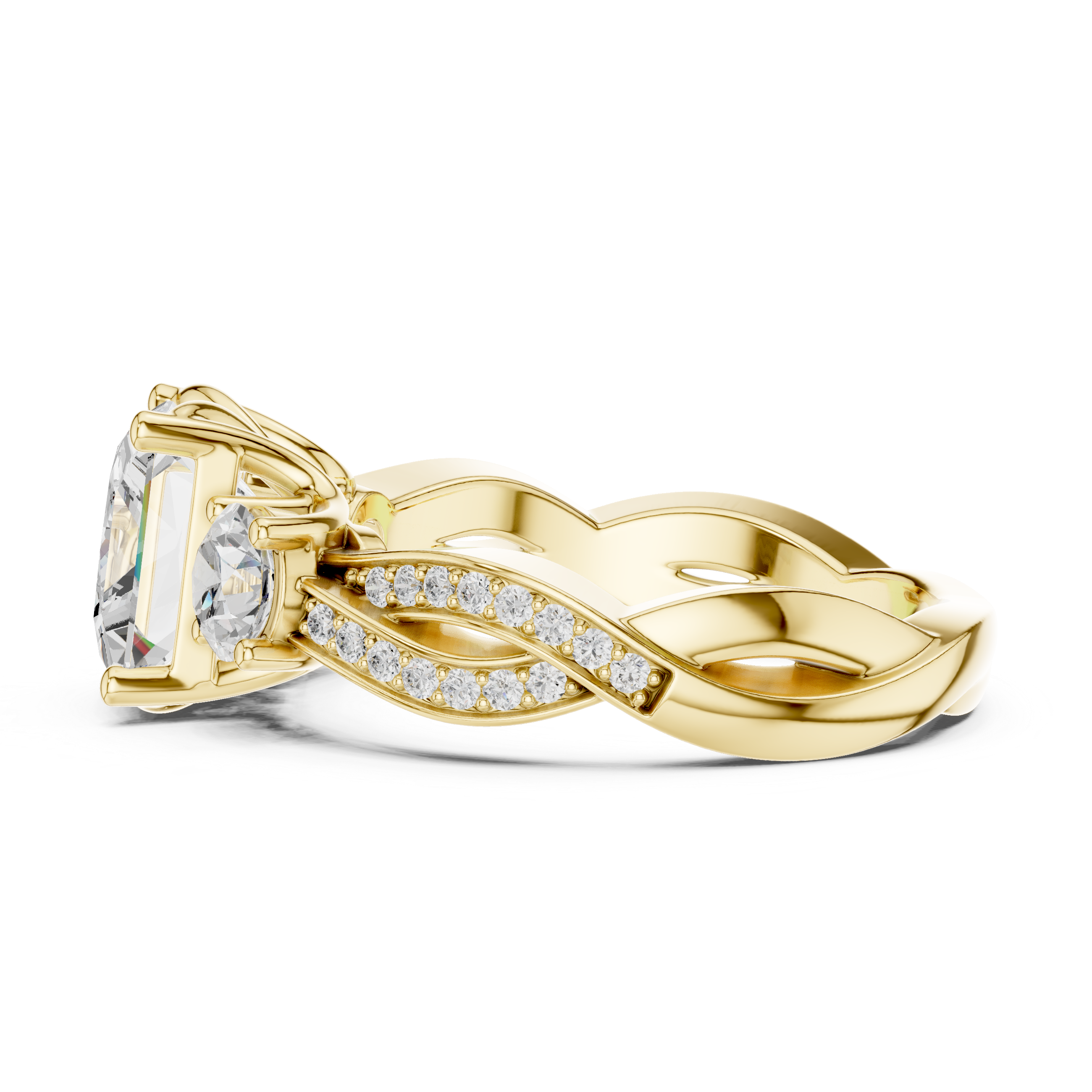 Princess-Cut Three-Stone Engagement Ring with Round Side Stones and Twisted Pavé Band