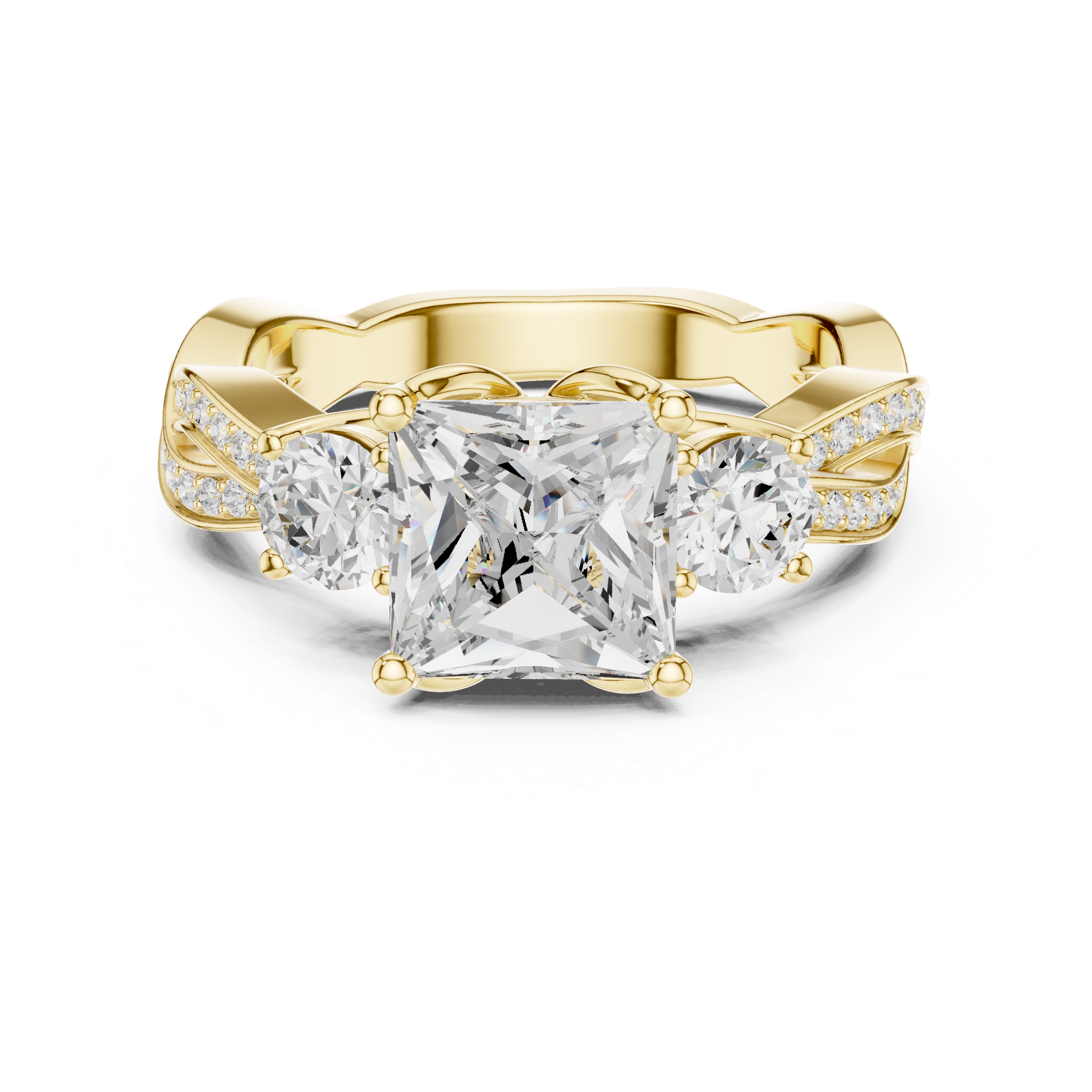 Princess-Cut Three-Stone Engagement Ring with Round Side Stones and Twisted Pavé Band