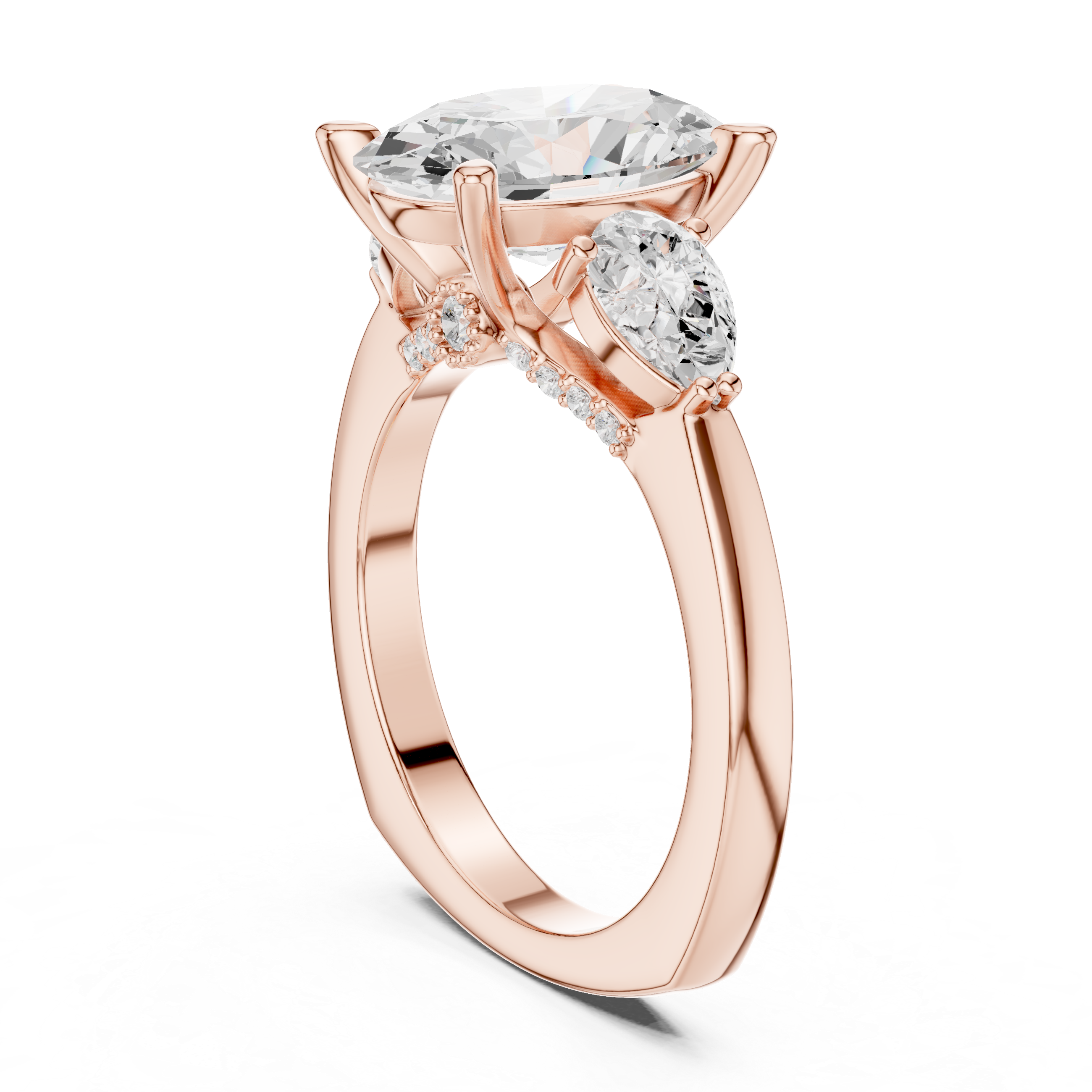 Oval-Cut Three-Stone Engagement Ring with Pear-Cut Side Stones and Hidden Accent Details