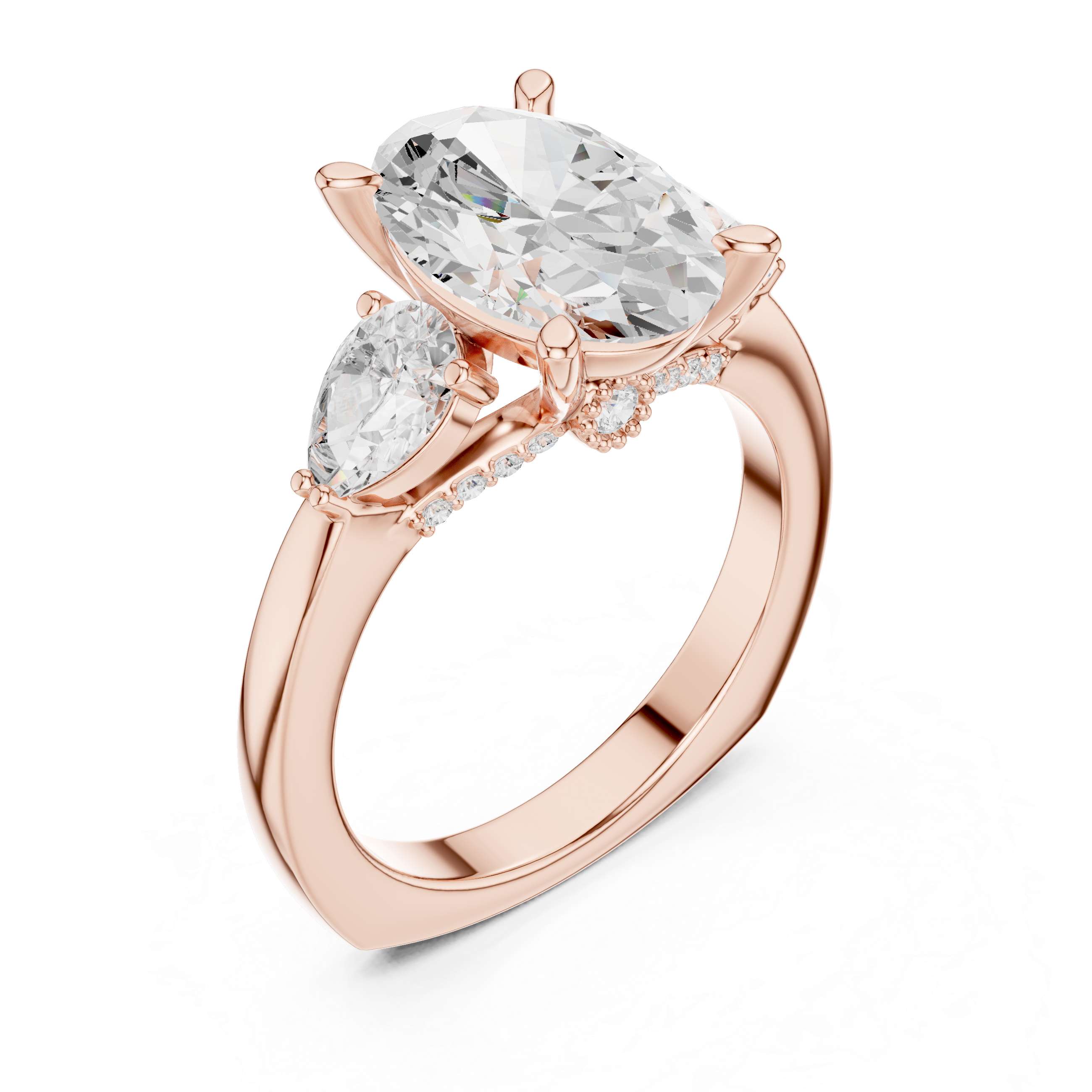 Oval-Cut Three-Stone Engagement Ring with Pear-Cut Side Stones and Hidden Accent Details