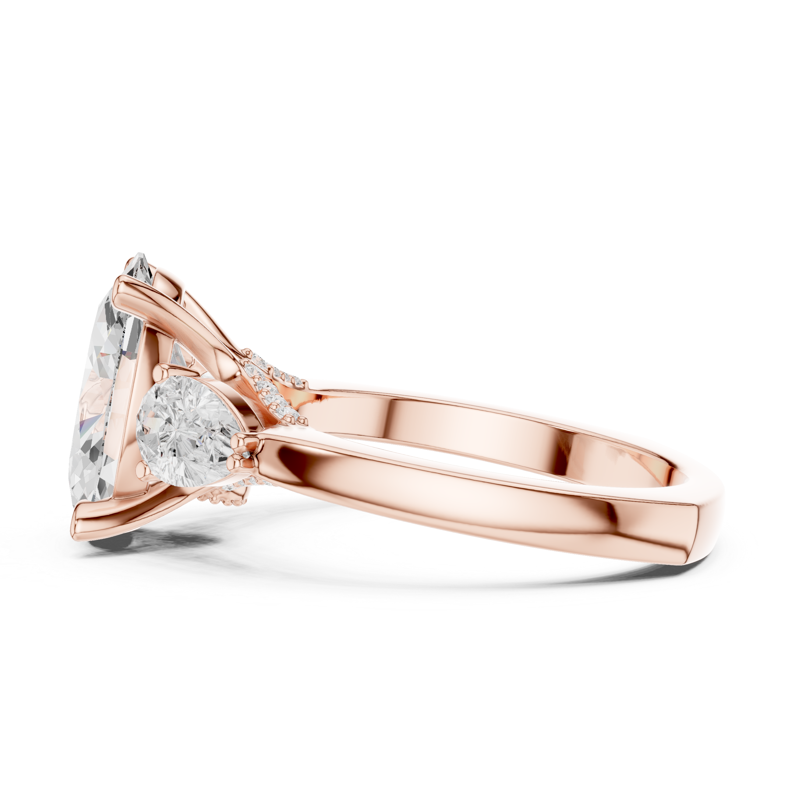 Oval-Cut Three-Stone Engagement Ring with Pear-Cut Side Stones and Hidden Accent Details