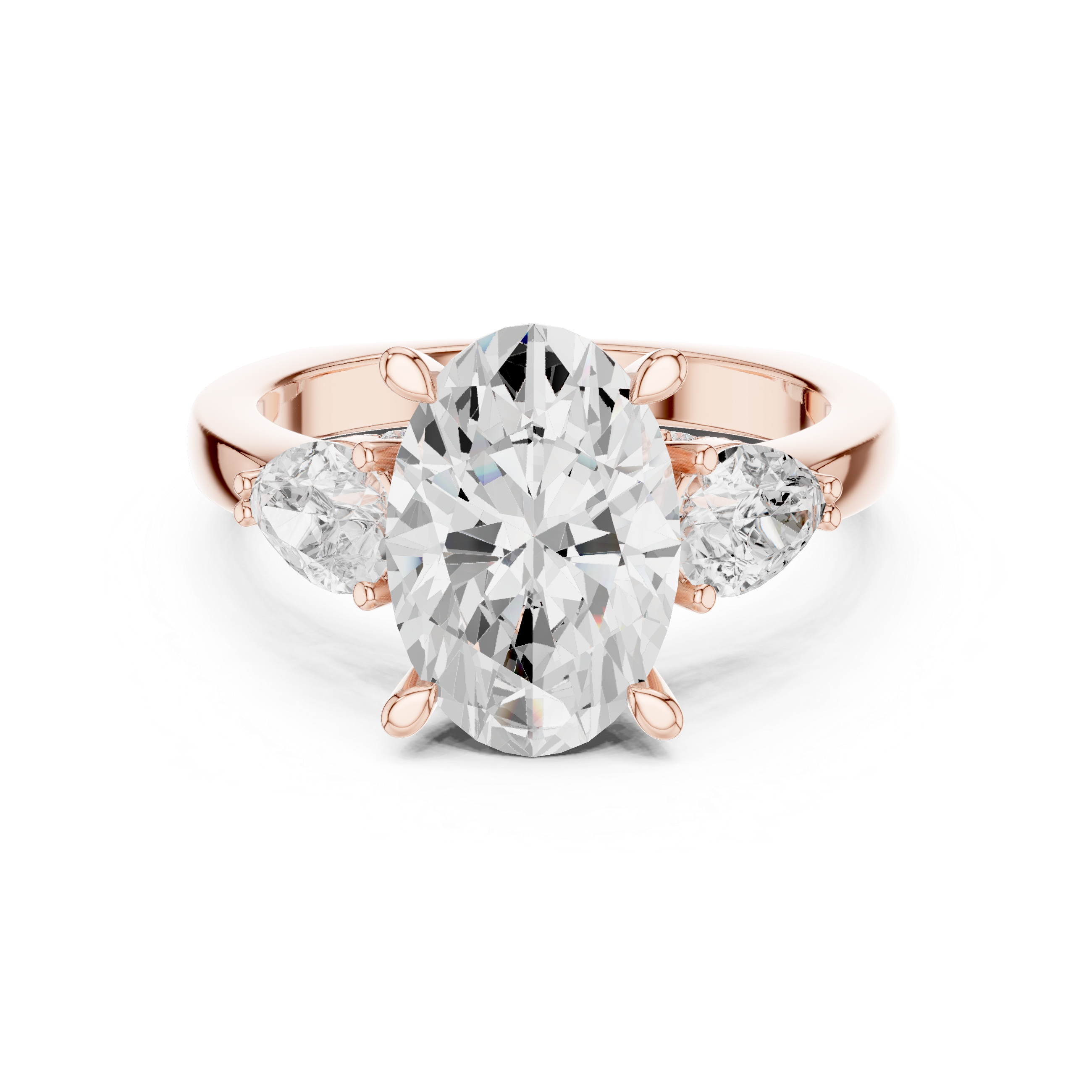 Oval-Cut Three-Stone Engagement Ring with Pear-Cut Side Stones and Hidden Accent Details
