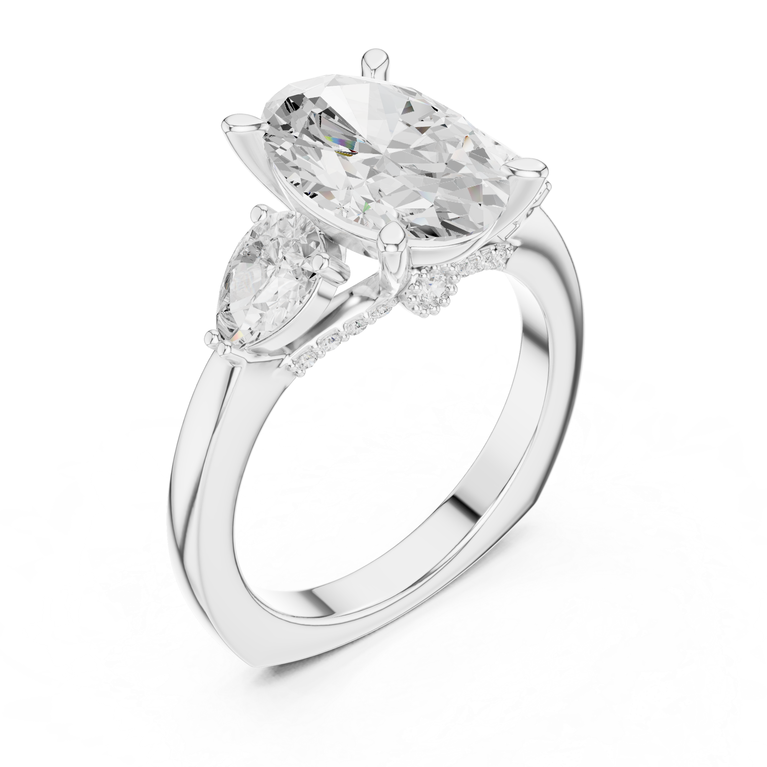 Oval-Cut Three-Stone Engagement Ring with Pear-Cut Side Stones and Hidden Accent Details