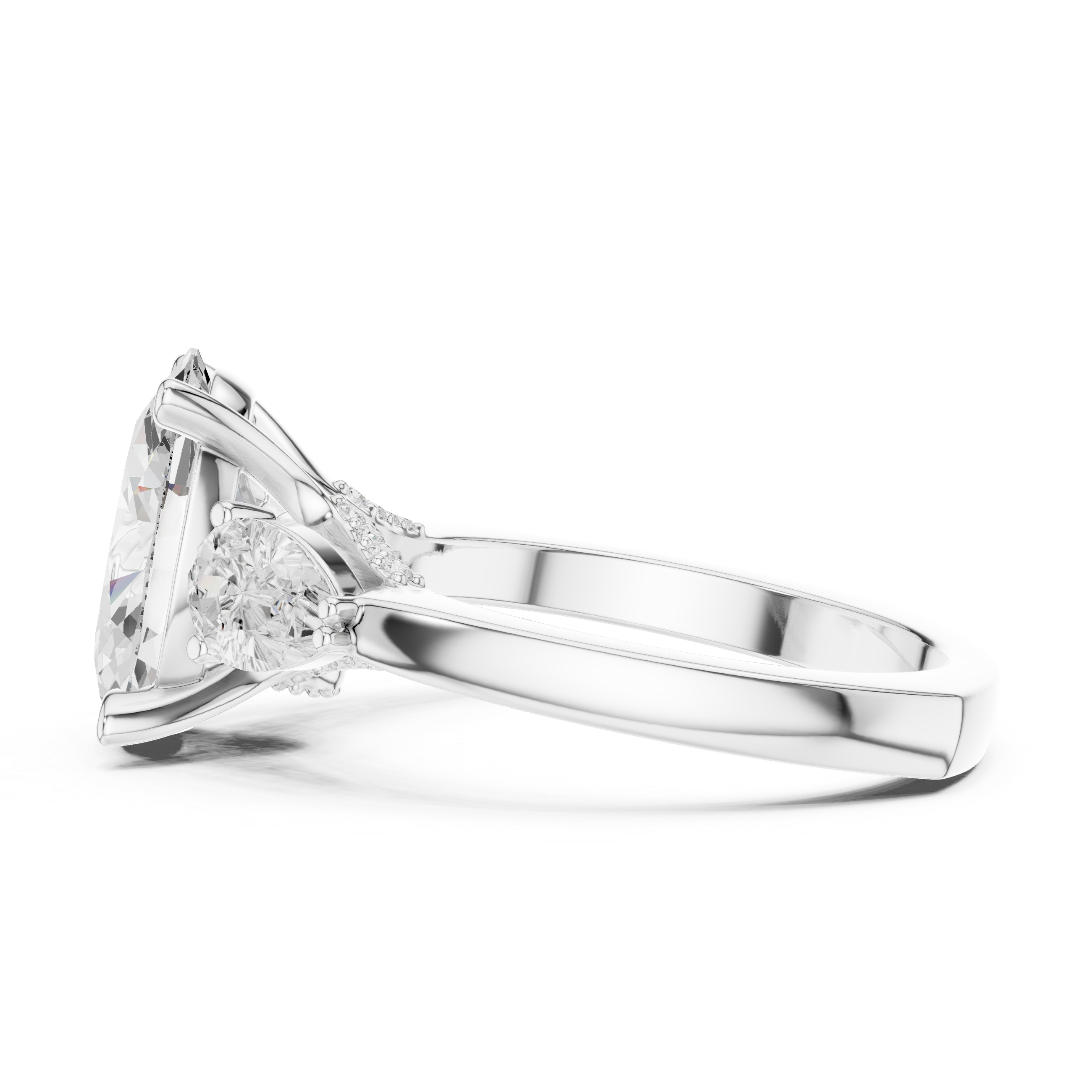 Oval-Cut Three-Stone Engagement Ring with Pear-Cut Side Stones and Hidden Accent Details