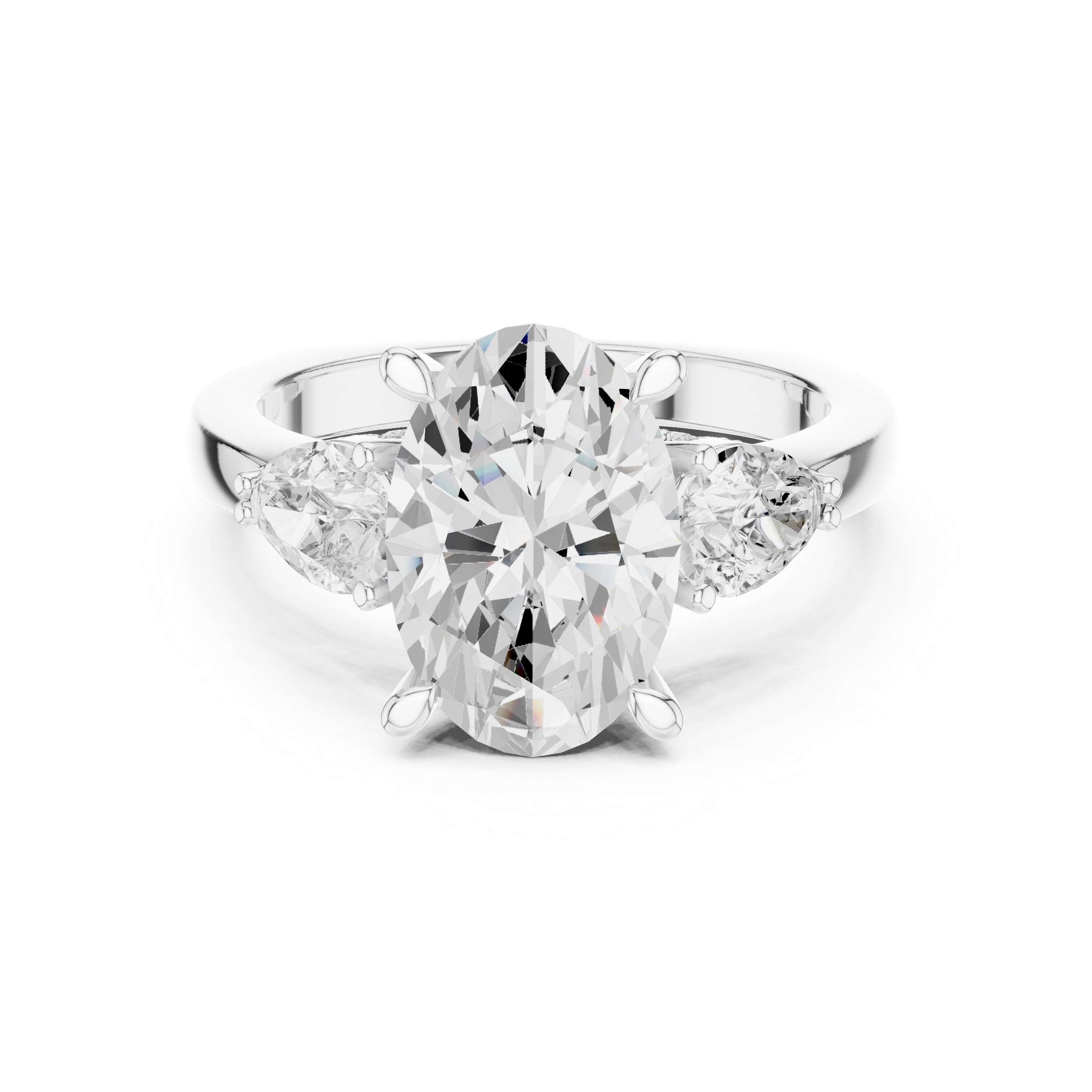 Oval-Cut Three-Stone Engagement Ring with Pear-Cut Side Stones and Hidden Accent Details