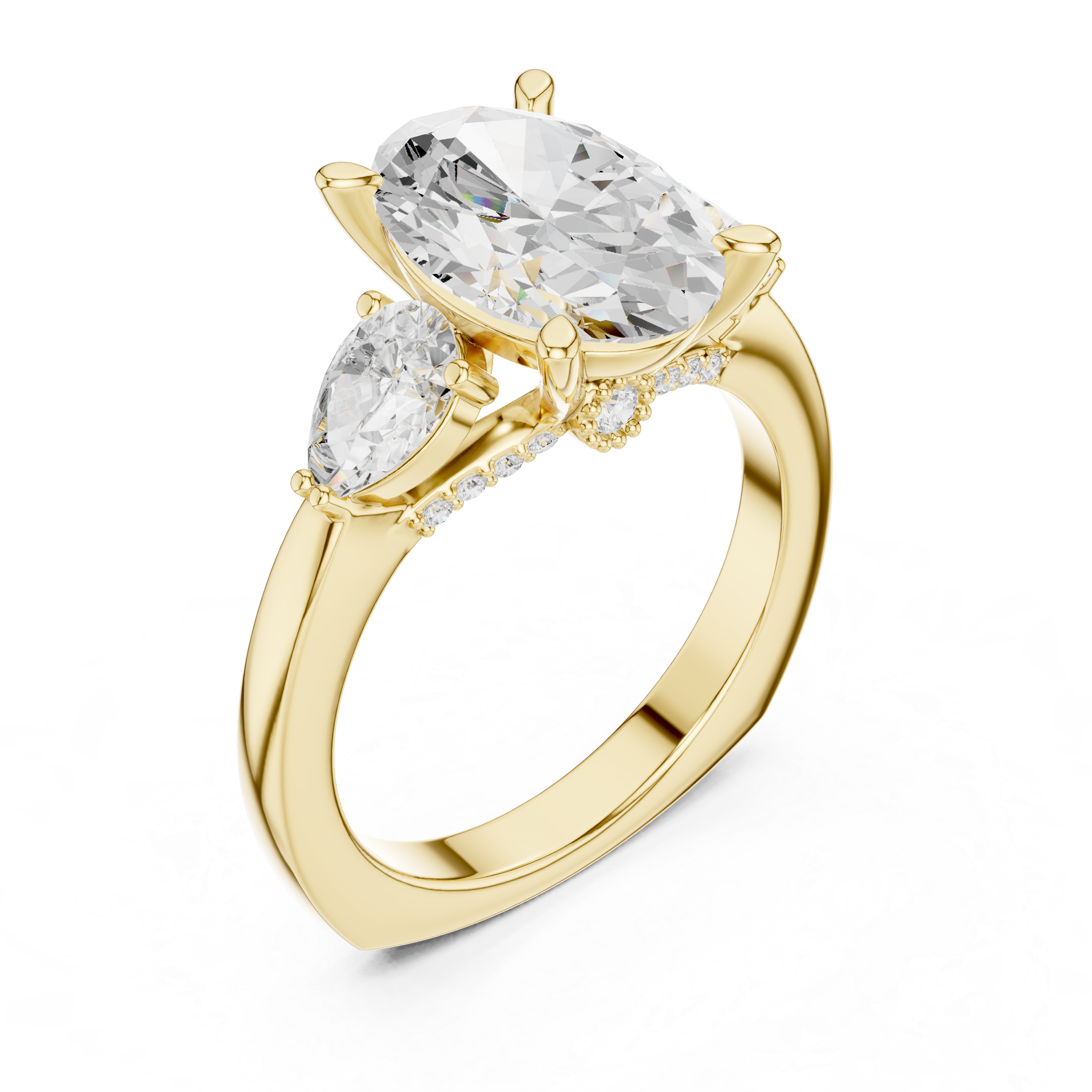 Oval-Cut Three-Stone Engagement Ring with Pear-Cut Side Stones and Hidden Accent Details