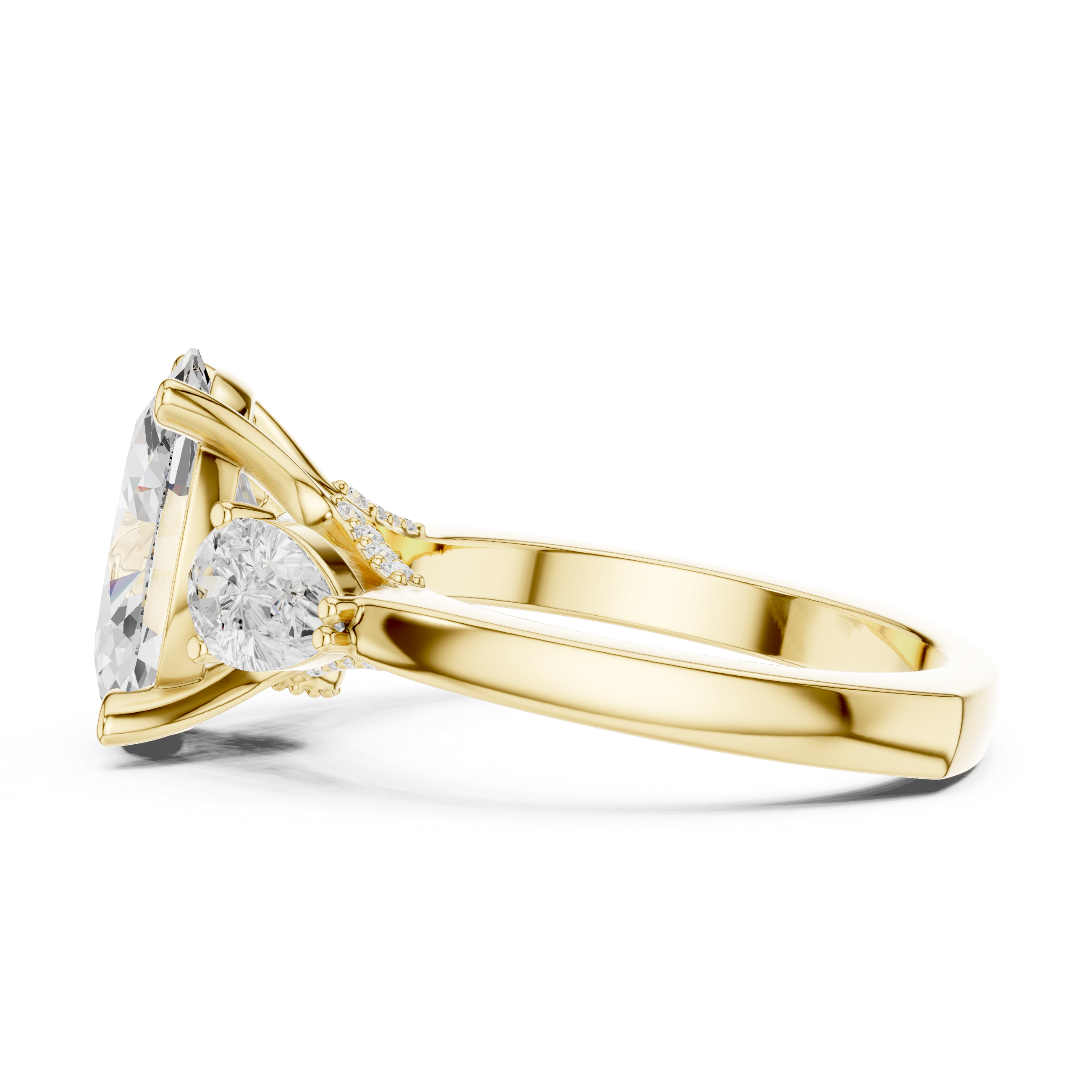 Oval-Cut Three-Stone Engagement Ring with Pear-Cut Side Stones and Hidden Accent Details