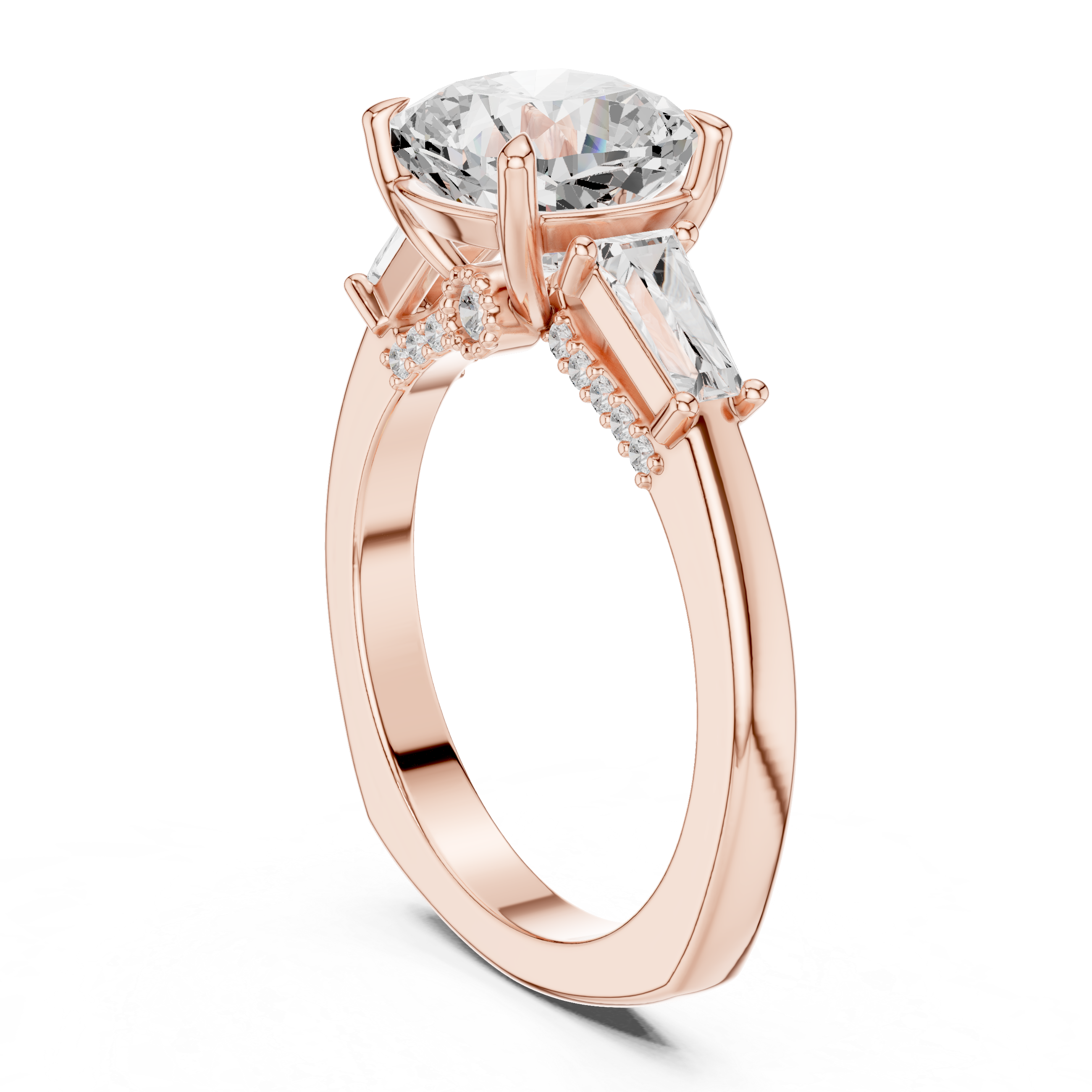 Cushion-Cut Three-Stone Engagement Ring with Tapered Baguette Side Stones and Hidden Pavé Detail