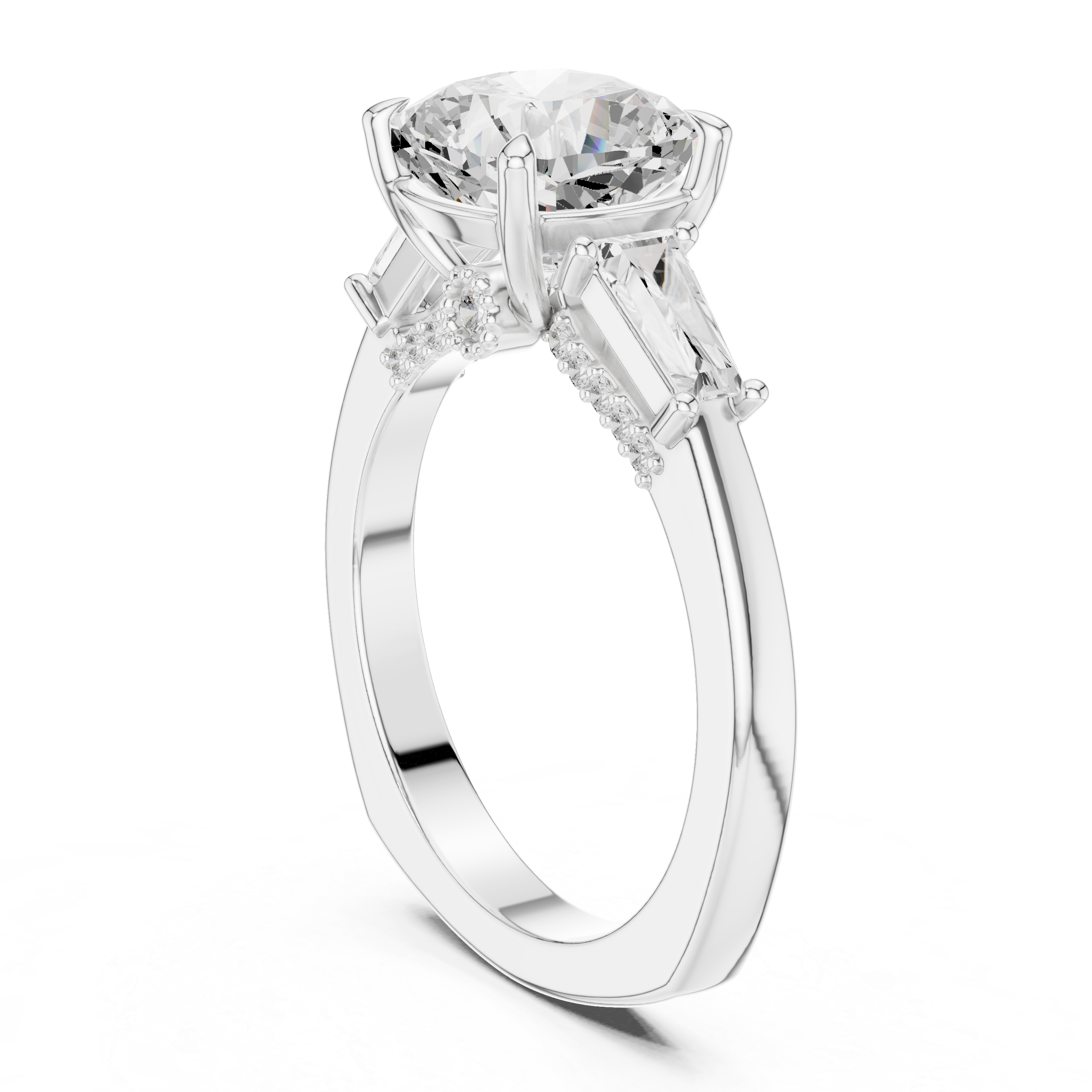 Cushion-Cut Three-Stone Engagement Ring with Tapered Baguette Side Stones and Hidden Pavé Detail