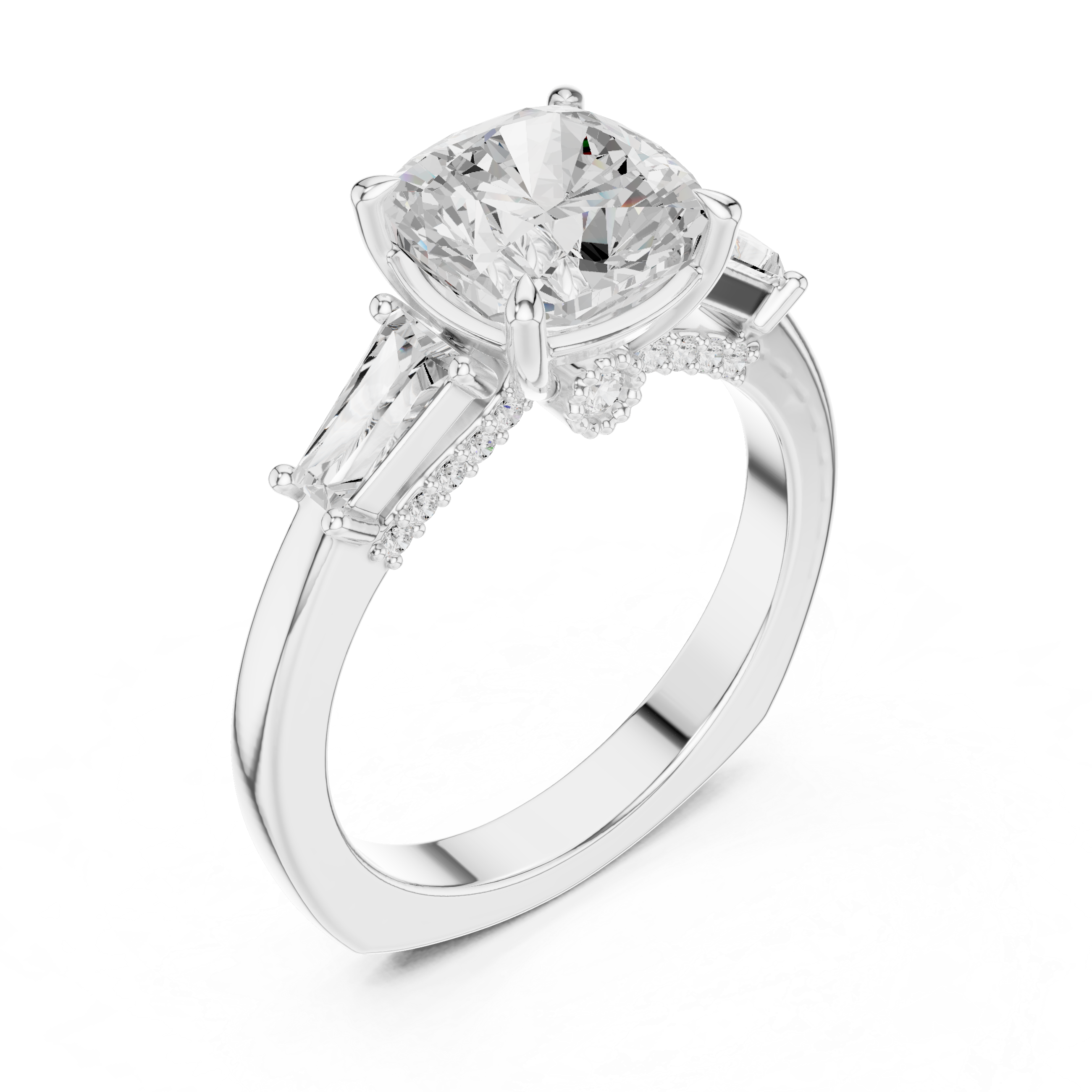Cushion-Cut Three-Stone Engagement Ring with Tapered Baguette Side Stones and Hidden Pavé Detail