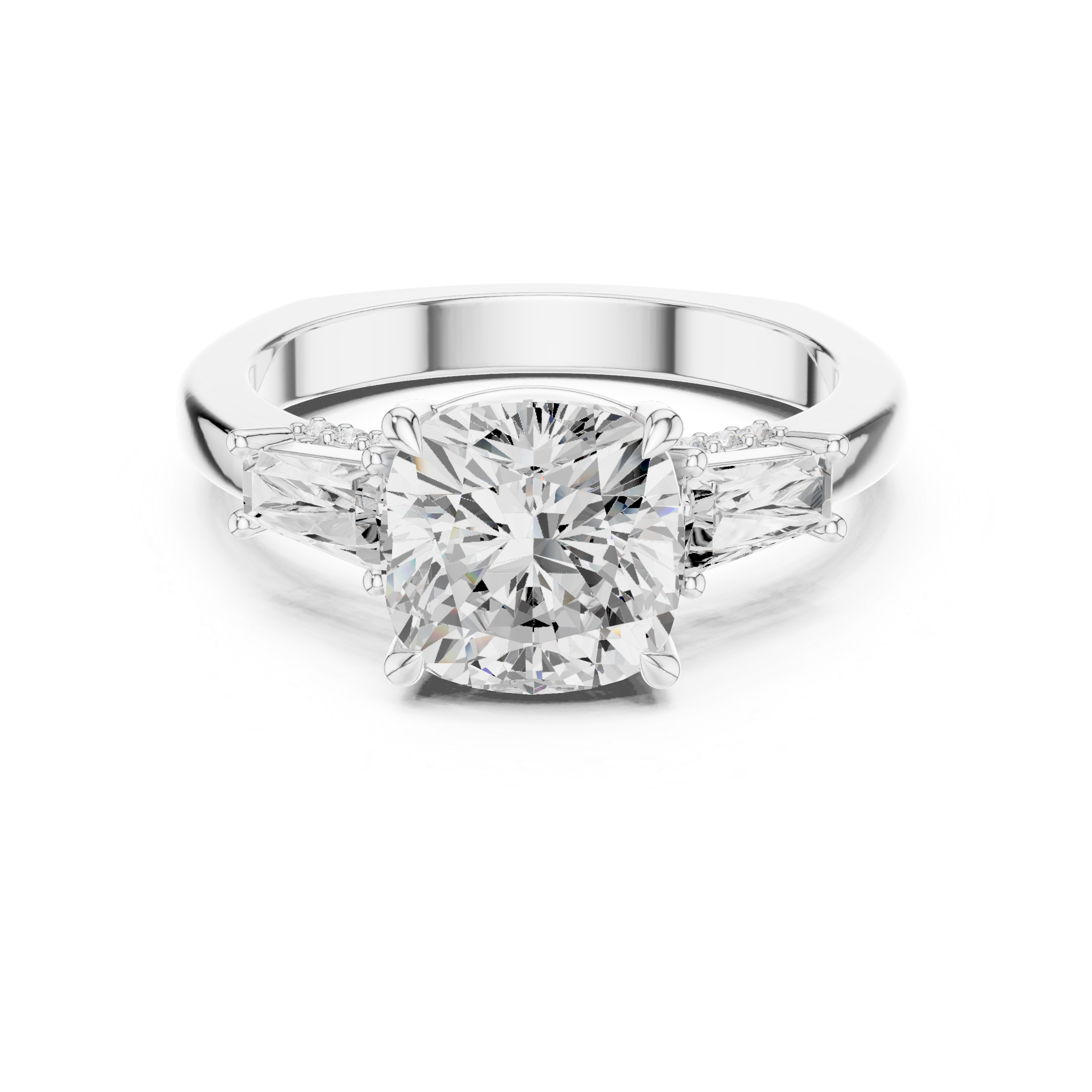 Cushion-Cut Three-Stone Engagement Ring with Tapered Baguette Side Stones and Hidden Pavé Detail