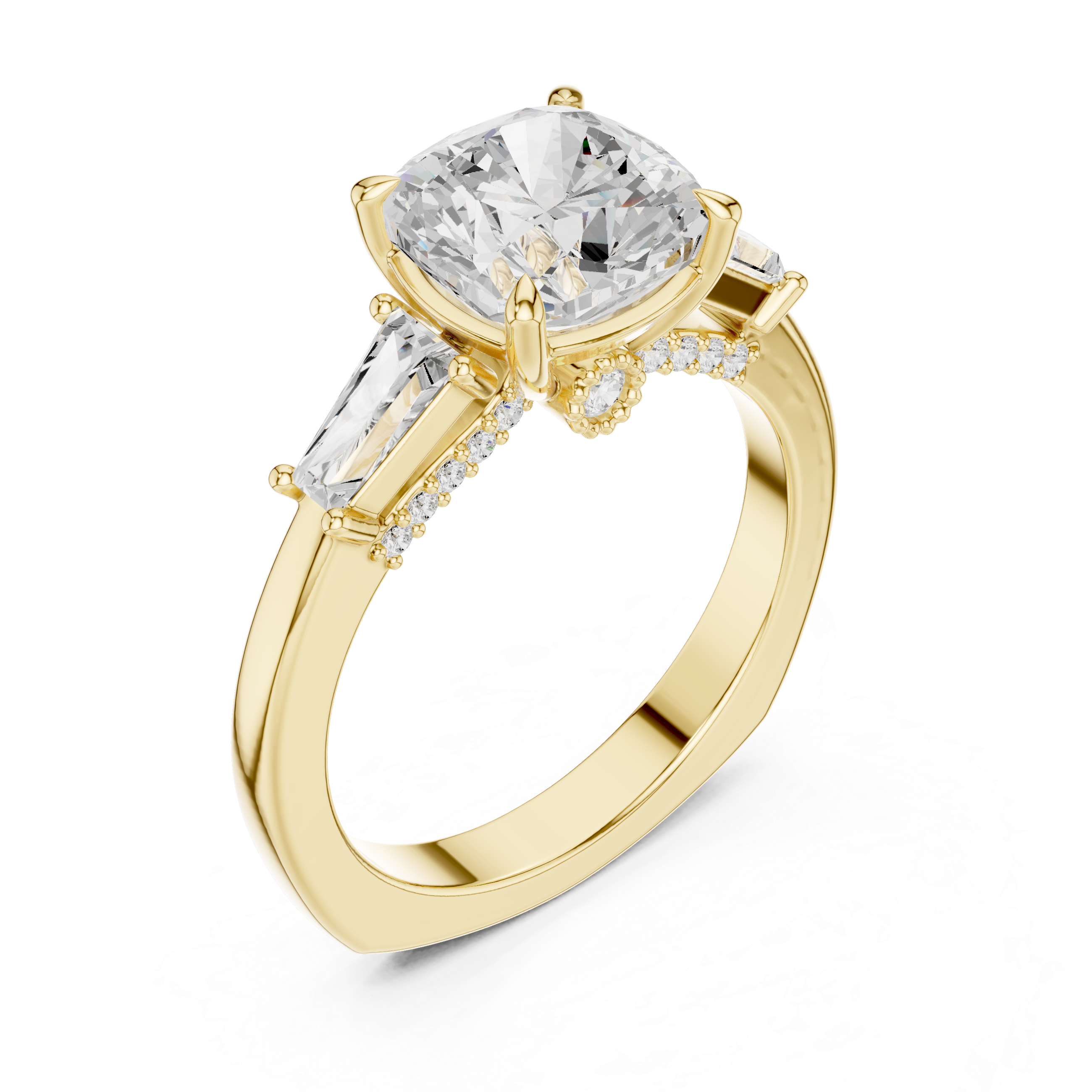 Cushion-Cut Three-Stone Engagement Ring with Tapered Baguette Side Stones and Hidden Pavé Detail