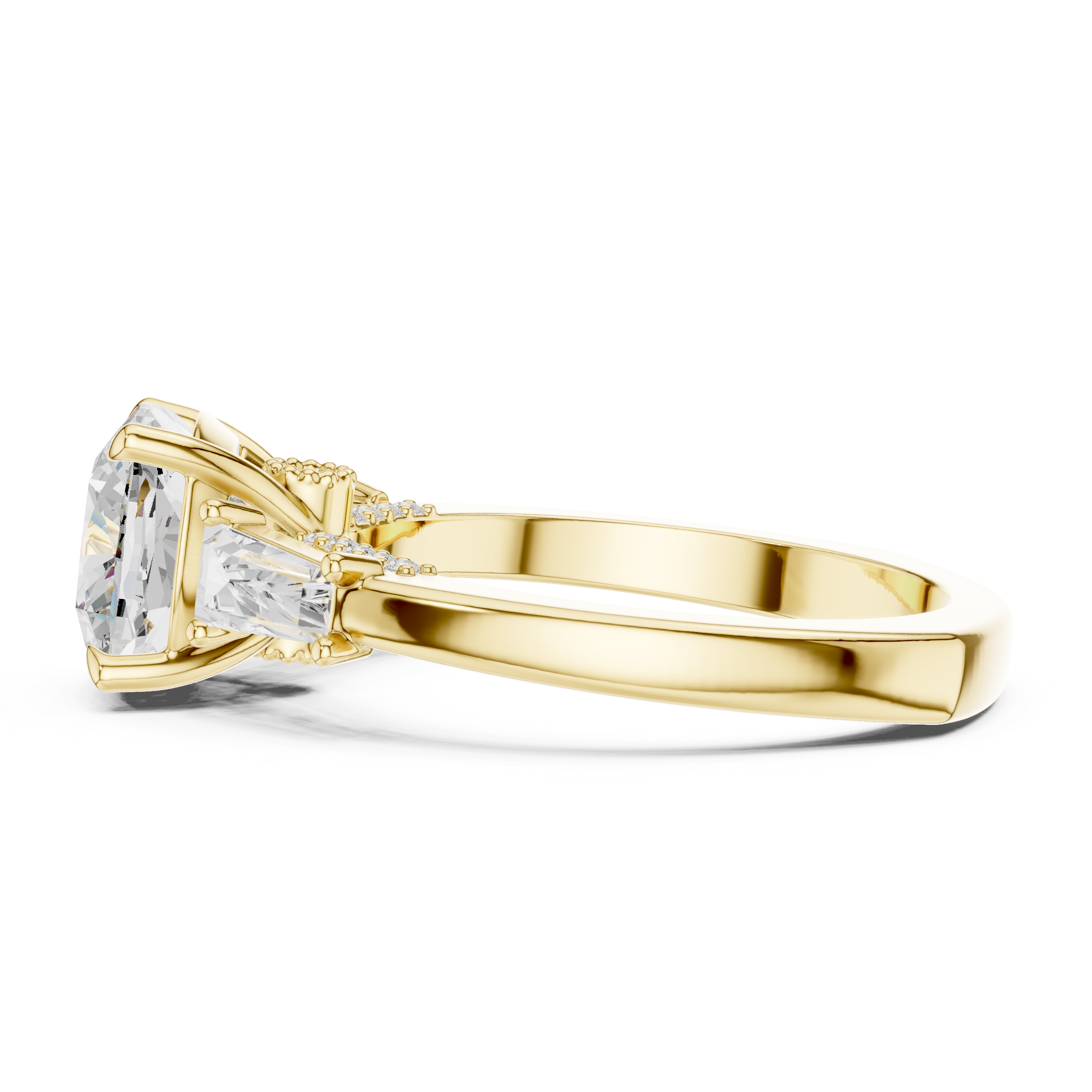Cushion-Cut Three-Stone Engagement Ring with Tapered Baguette Side Stones and Hidden Pavé Detail