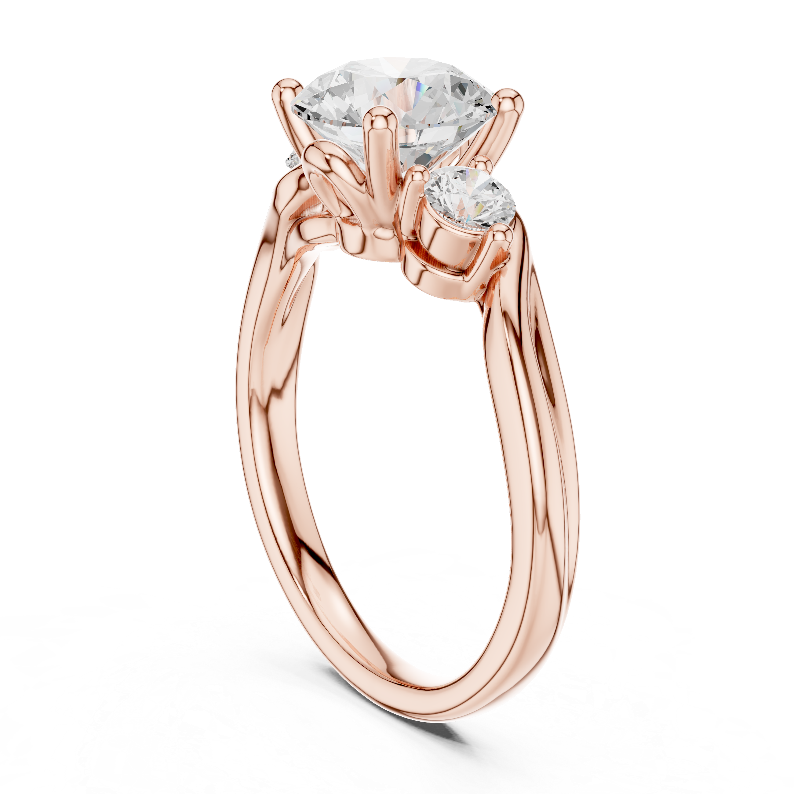 Round-Cut Three-Stone Engagement Ring with Sculpted Bypass Shoulders