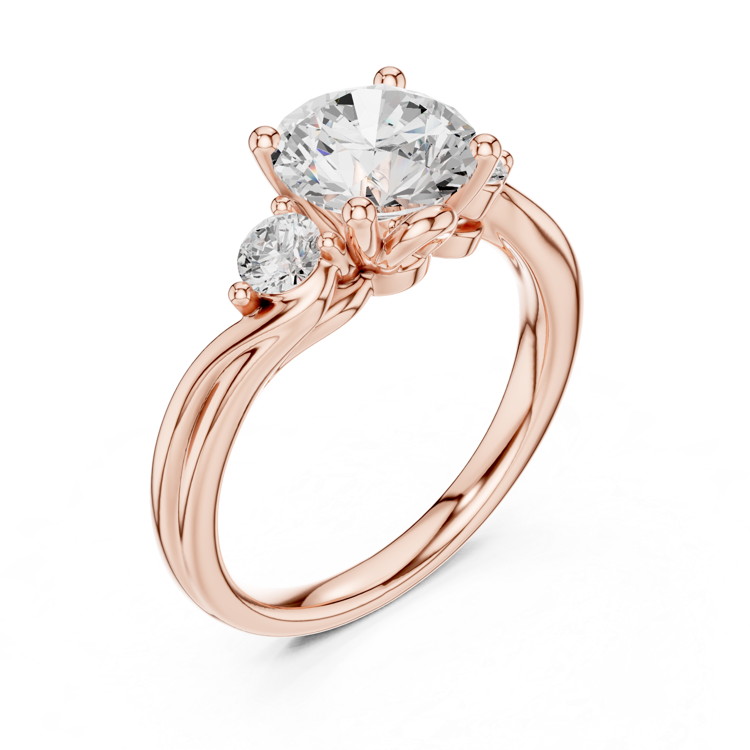 Round-Cut Three-Stone Engagement Ring with Sculpted Bypass Shoulders