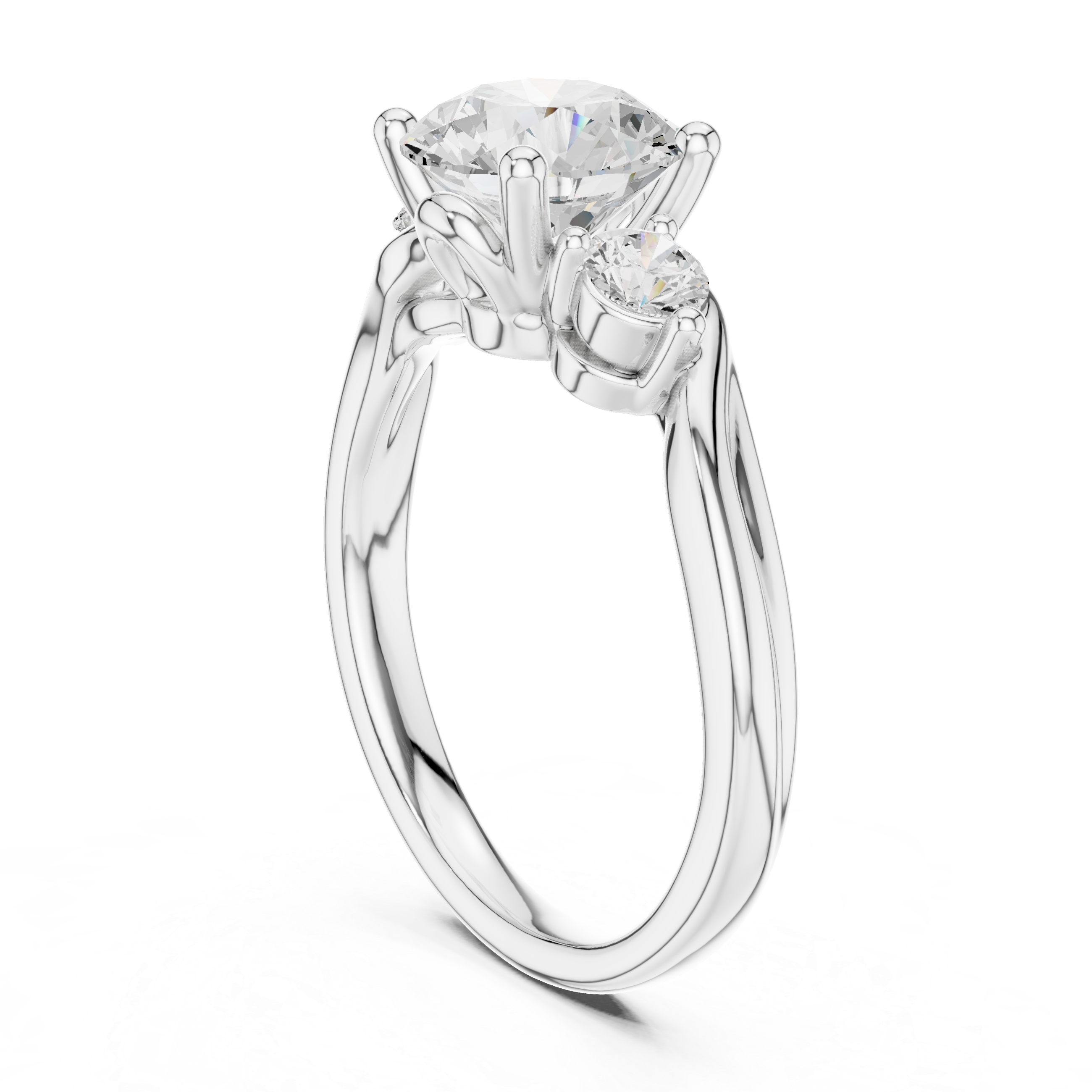 Round-Cut Three-Stone Engagement Ring with Sculpted Bypass Shoulders