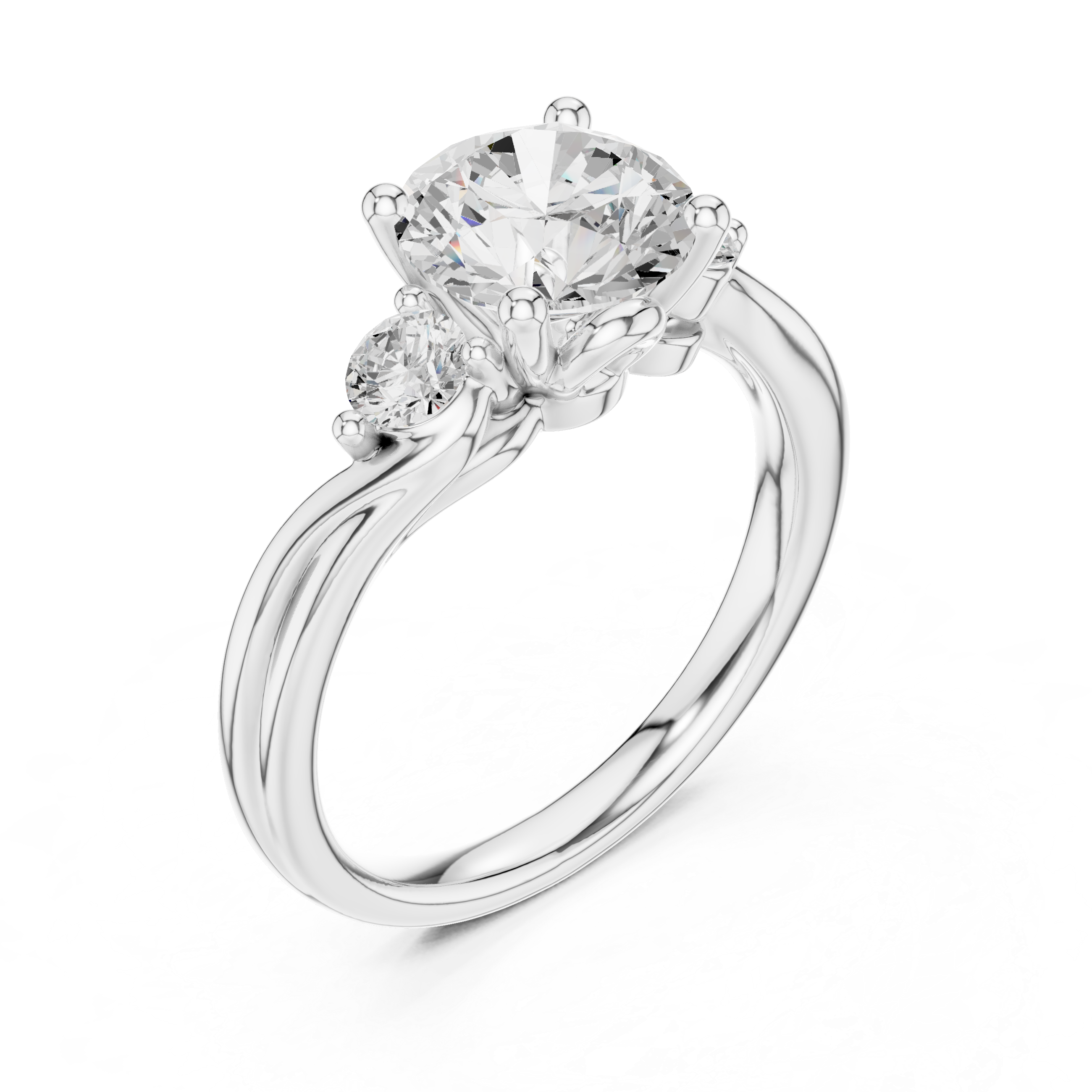 Round-Cut Three-Stone Engagement Ring with Sculpted Bypass Shoulders