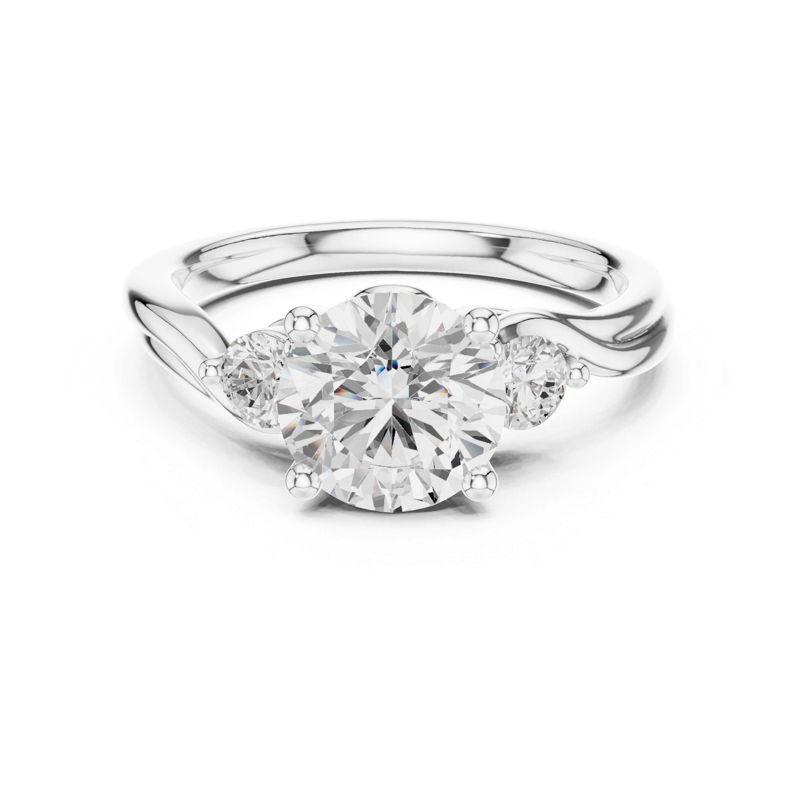 Round-Cut Three-Stone Engagement Ring with Sculpted Bypass Shoulders