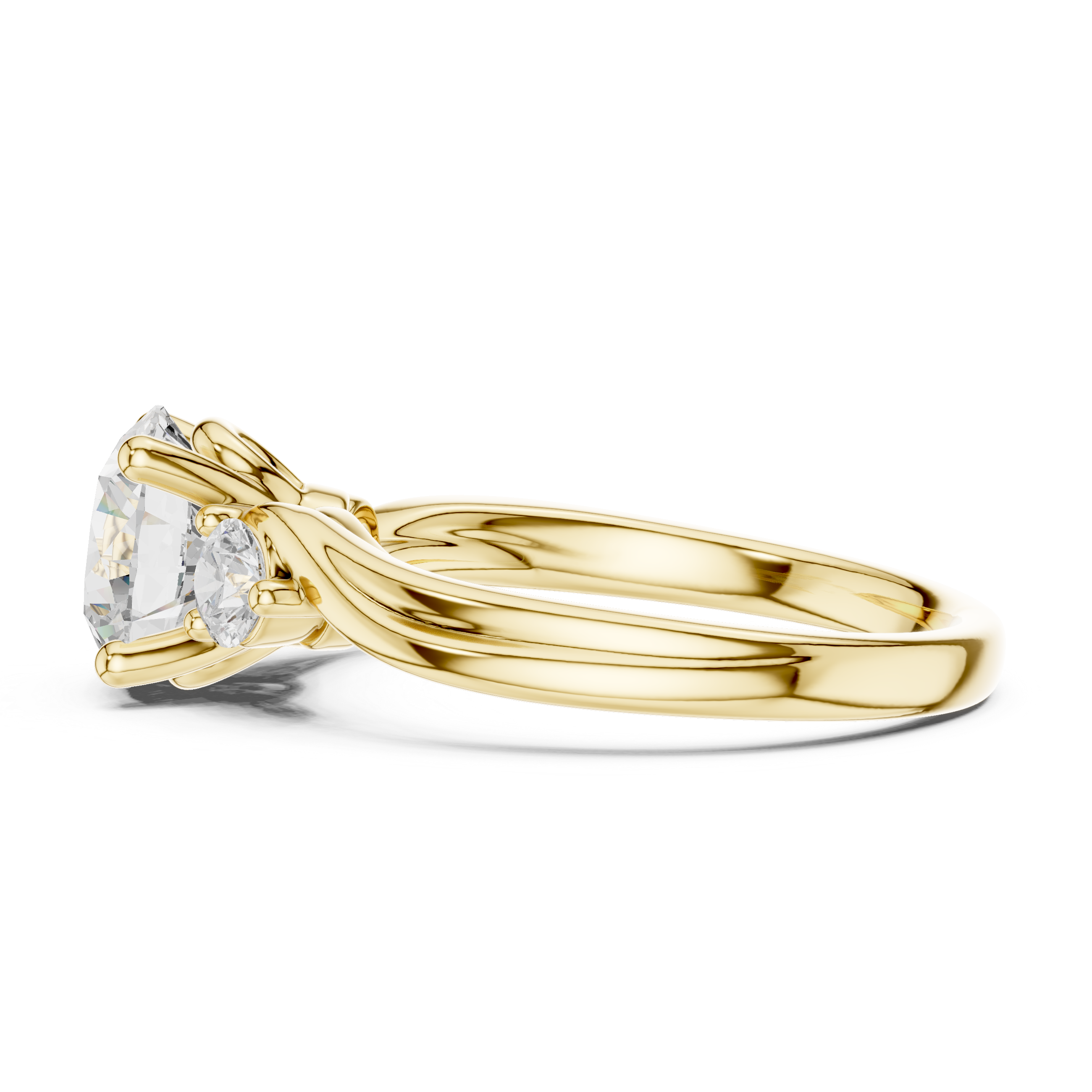 Round-Cut Three-Stone Engagement Ring with Sculpted Bypass Shoulders