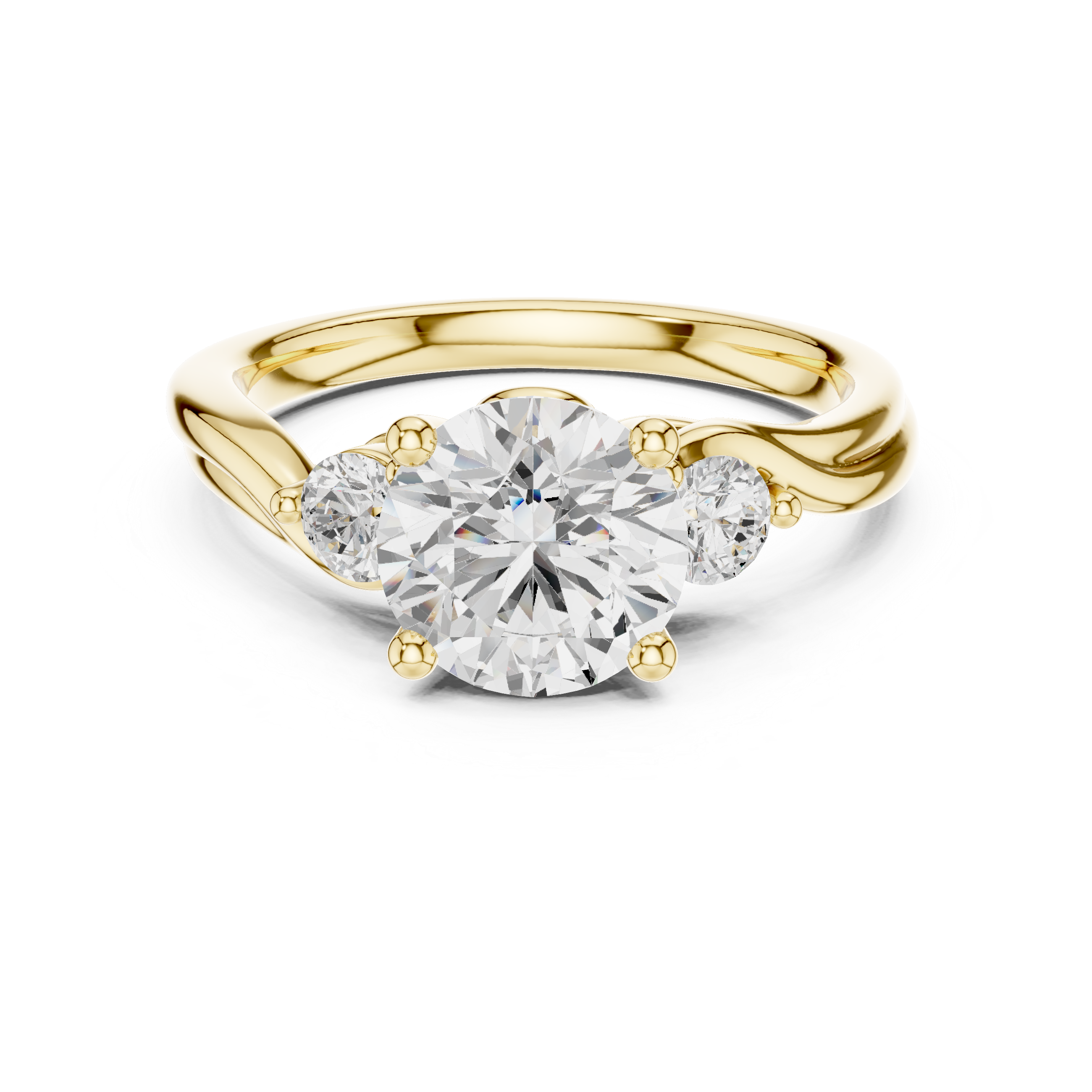 Round-Cut Three-Stone Engagement Ring with Sculpted Bypass Shoulders