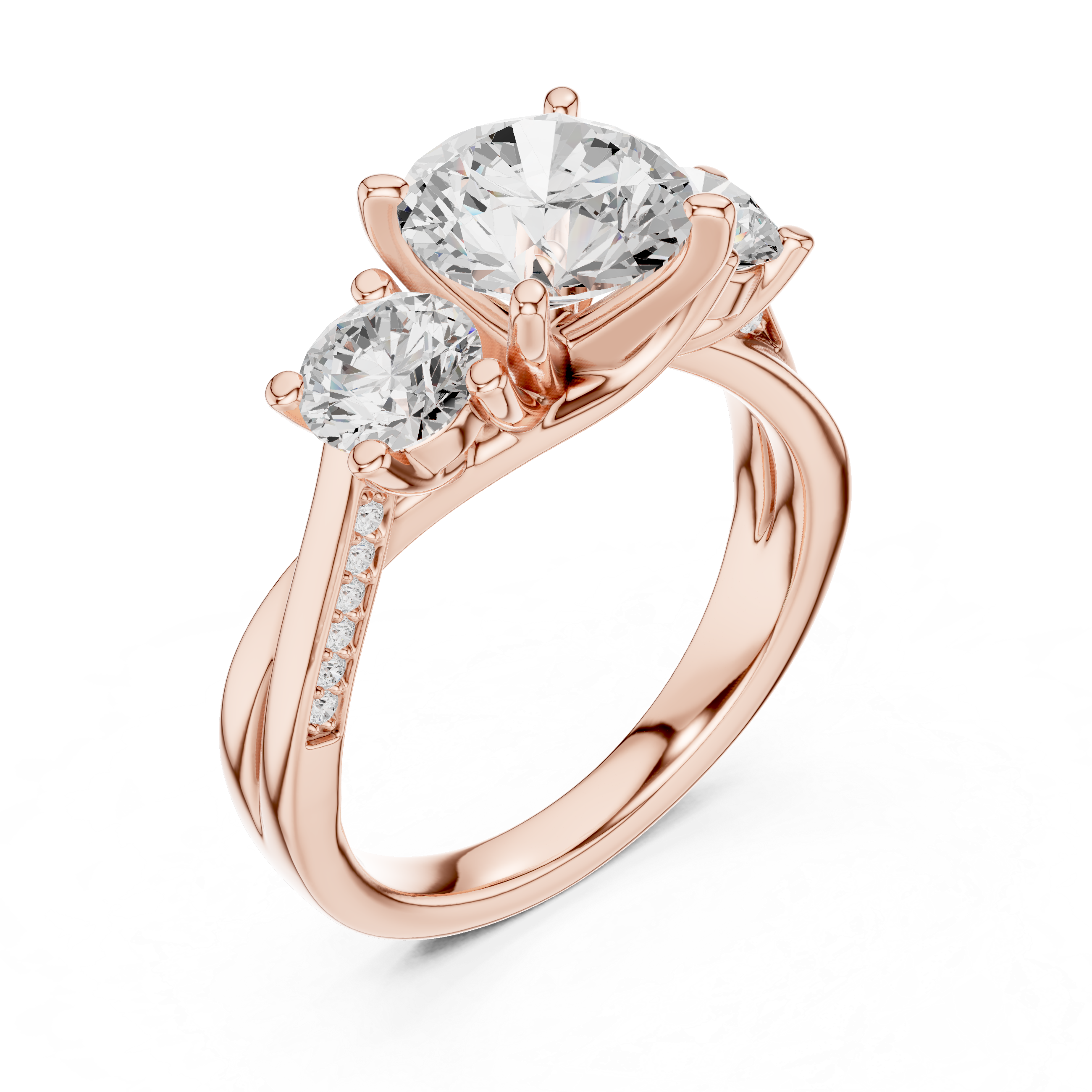 Round-Cut Three-Stone Engagement Ring with Twisted Pavé Split Shank