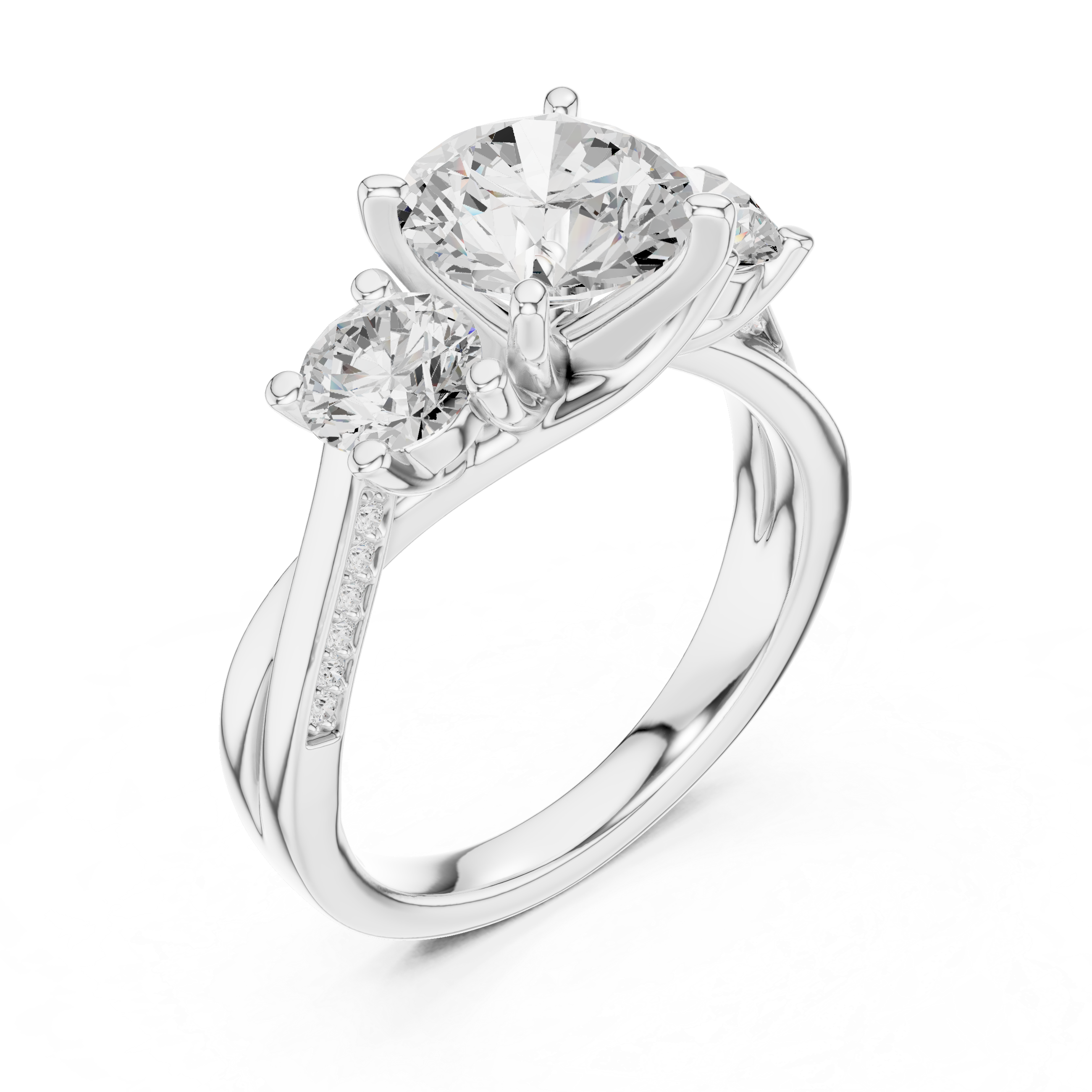 Round-Cut Three-Stone Engagement Ring with Twisted Pavé Split Shank