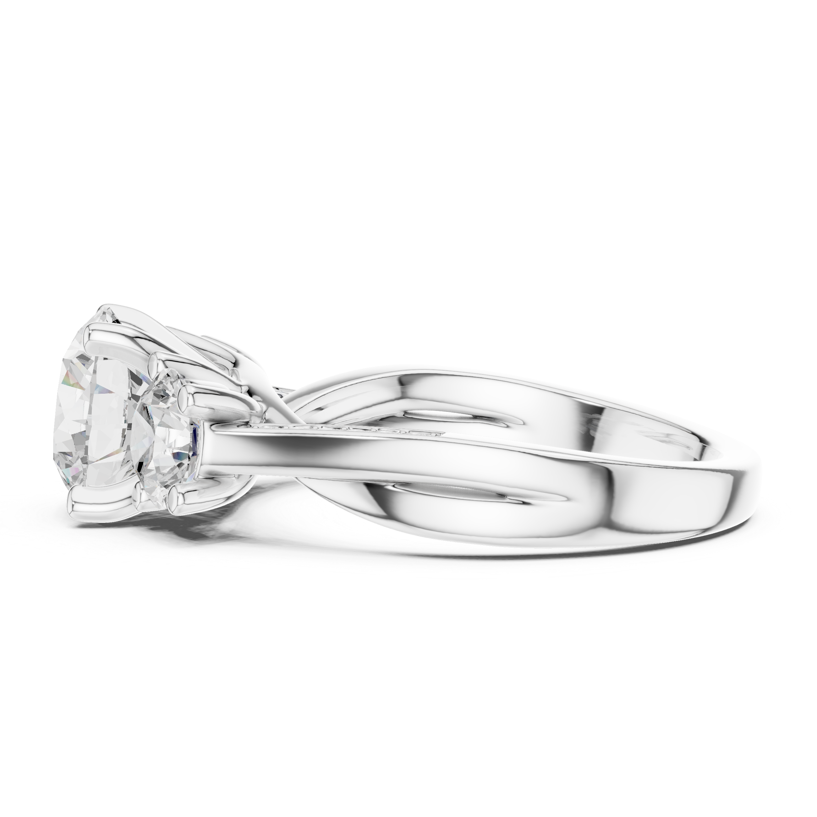 Round-Cut Three-Stone Engagement Ring with Twisted Pavé Split Shank