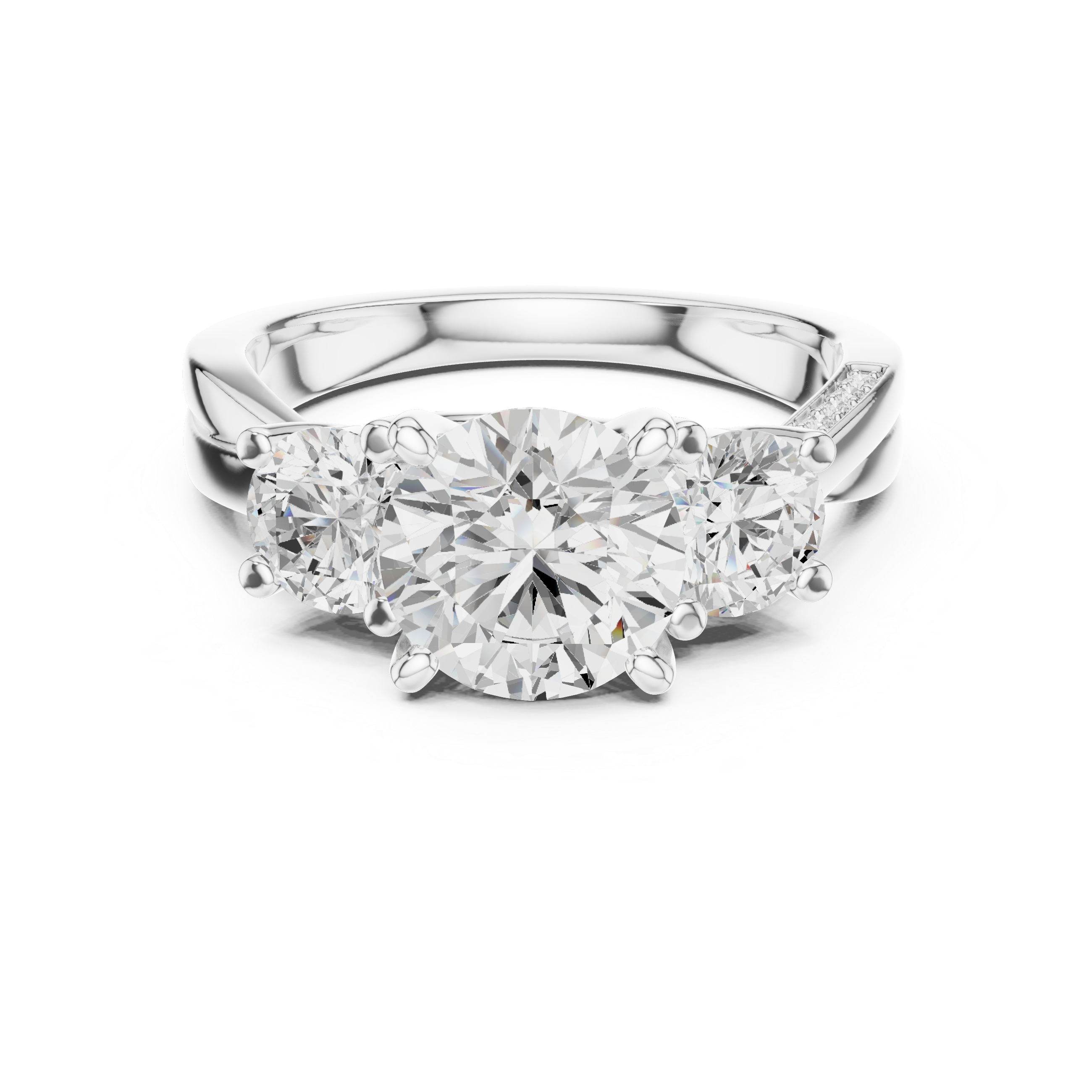Round-Cut Three-Stone Engagement Ring with Twisted Pavé Split Shank