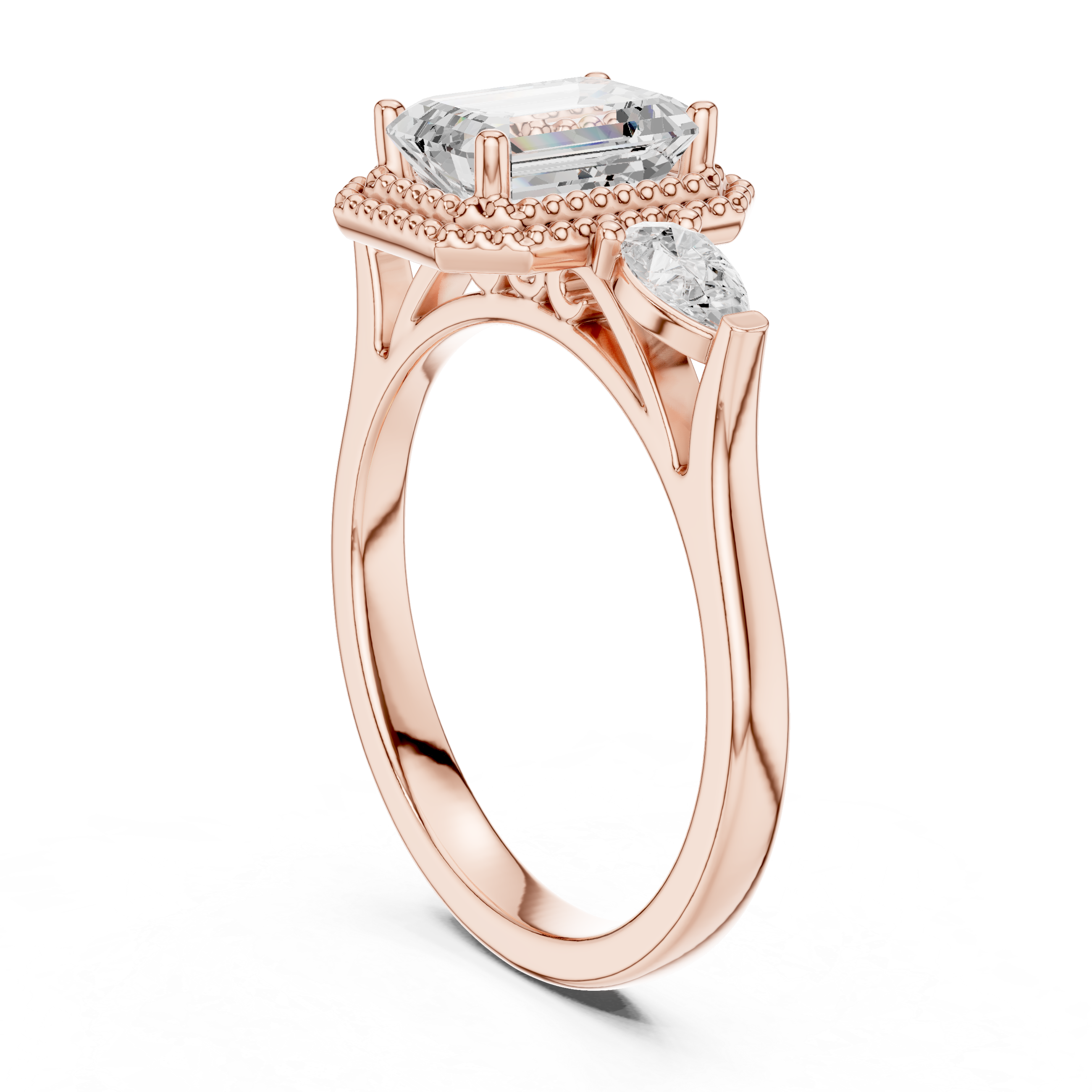 Emerald-Cut Three-Stone Engagement Ring with Pear Side Stones and Double Beaded Frame