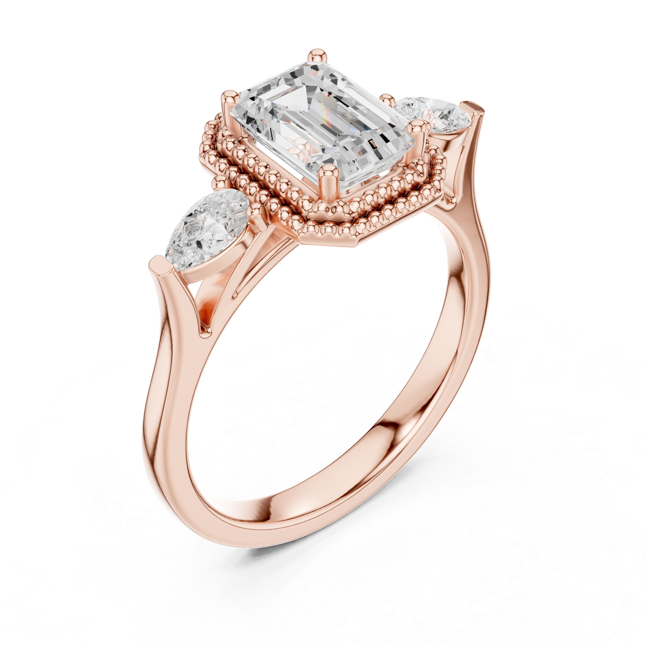 Emerald-Cut Three-Stone Engagement Ring with Pear Side Stones and Double Beaded Frame