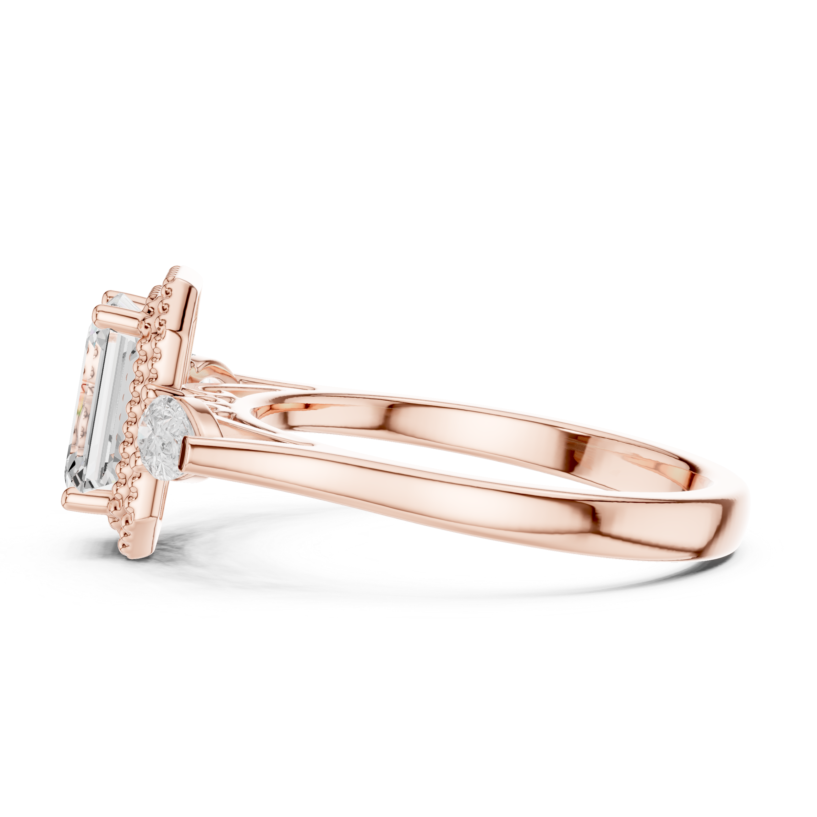 Emerald-Cut Three-Stone Engagement Ring with Pear Side Stones and Double Beaded Frame